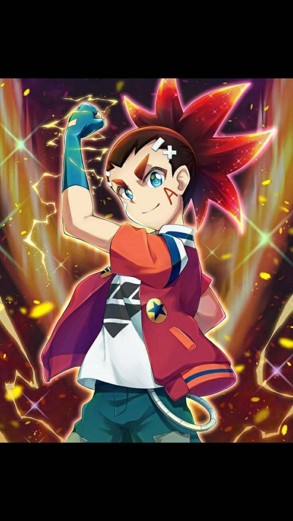 Beyblade 桌布 壁紙 — 一個充滿活力的動漫男孩，紅色刺蝟頭，在閃爍的火熱金色背景前彎曲他發光的手臂。