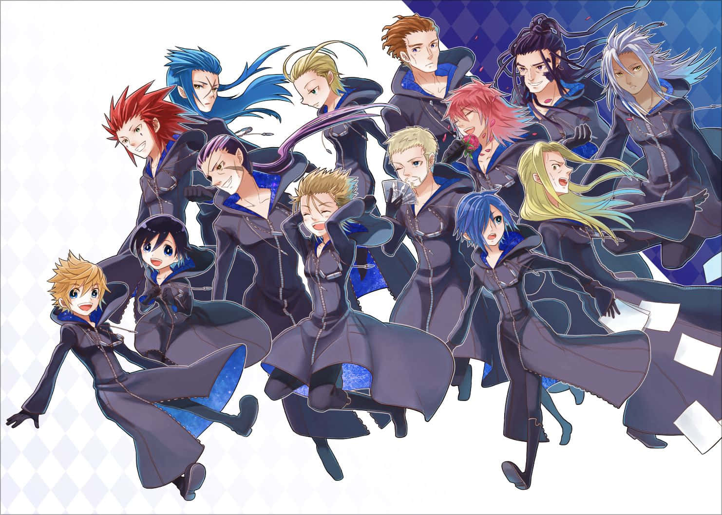 Kingdom Hearts Organization 13 桌布 壁紙 — 一個充滿活力的動漫群體，包含多樣角色，身穿深色斗篷，擁有鮮豔髮色，在方格背景前充滿活力地擺姿勢。