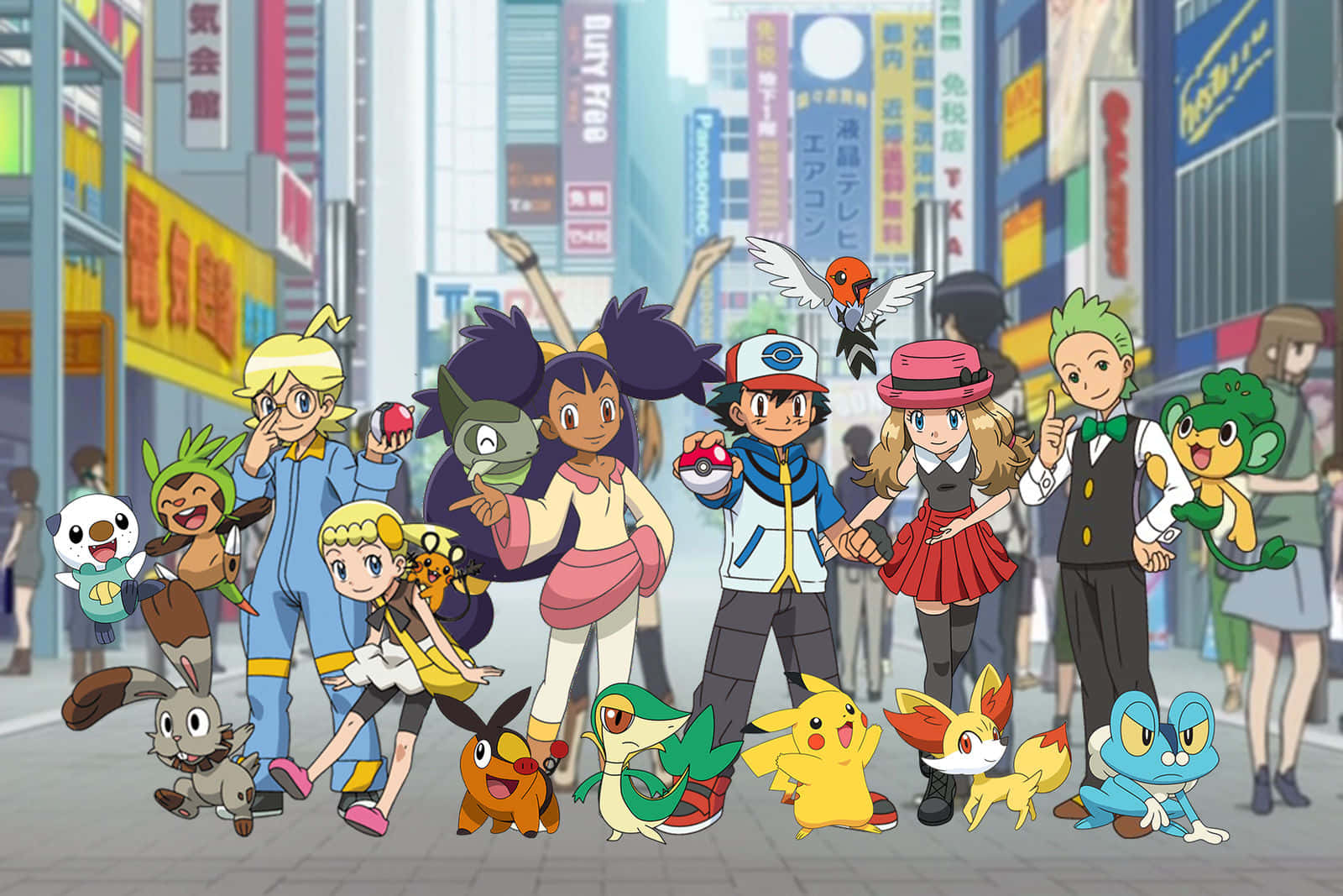 Pokemon Posters 桌布 壁紙 — 一個充滿活力的動漫群體，包括寶可夢訓練師和他們色彩繽紛的寶可夢，站在繁華的日本城市街道上。