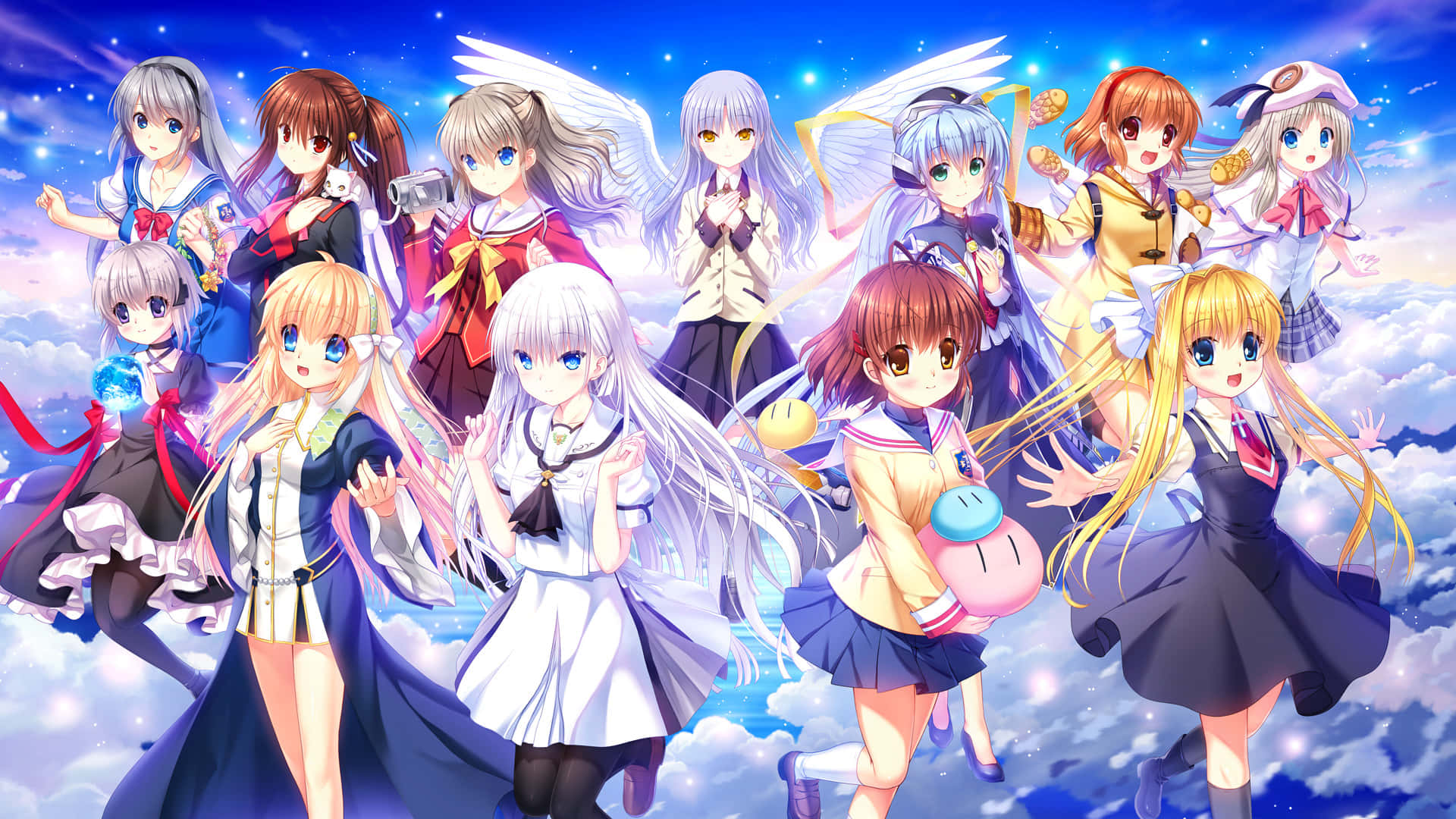 Kanon 桌布 壁紙 — 一個充滿活力的動漫群體，由各種擁有翅膀和校服的神奇少女組成，在閃爍的星空下快樂地漂浮。