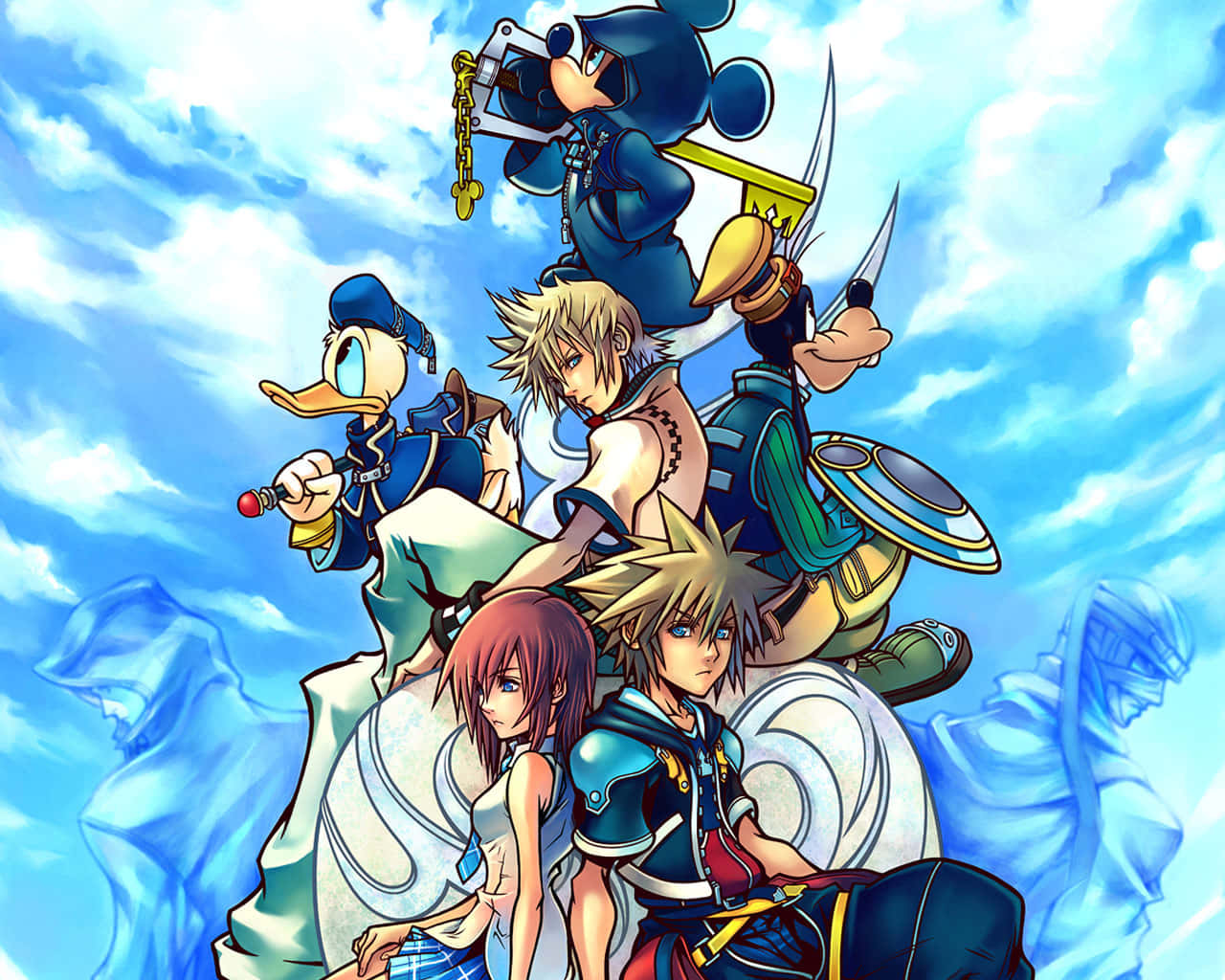 Kingdom Hearts 桌布 壁紙 — 一個充滿活力的動漫群體，由迪士尼和王國之心角色組成，在明亮的藍色多雲天空下以英雄姿態擺姿勢。
