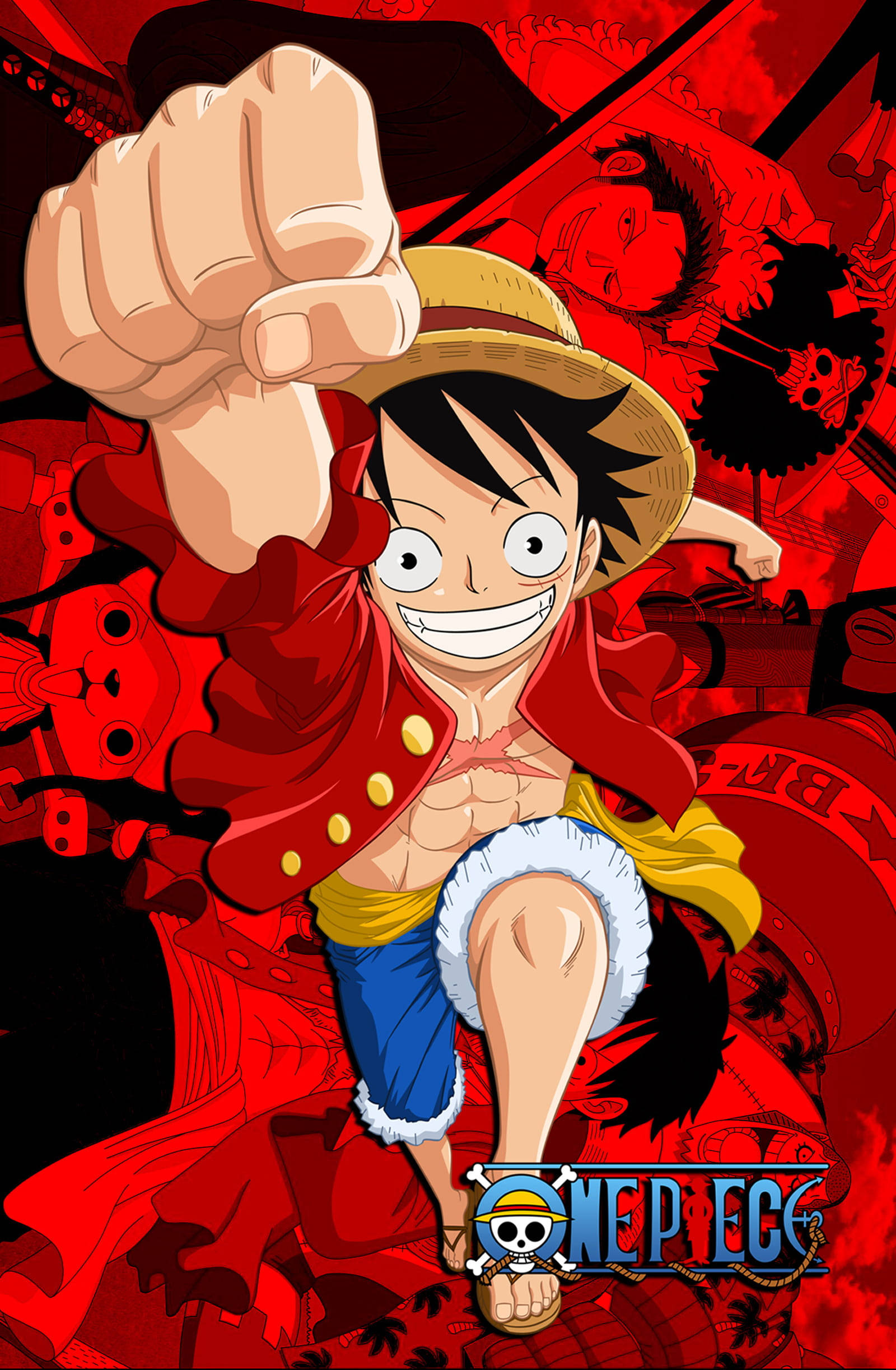 luffy smile 桌布 壁紙 — 一個充滿活力的動漫角色，戴著草帽和紅色外套，在混亂的紅色背景前向前出拳。