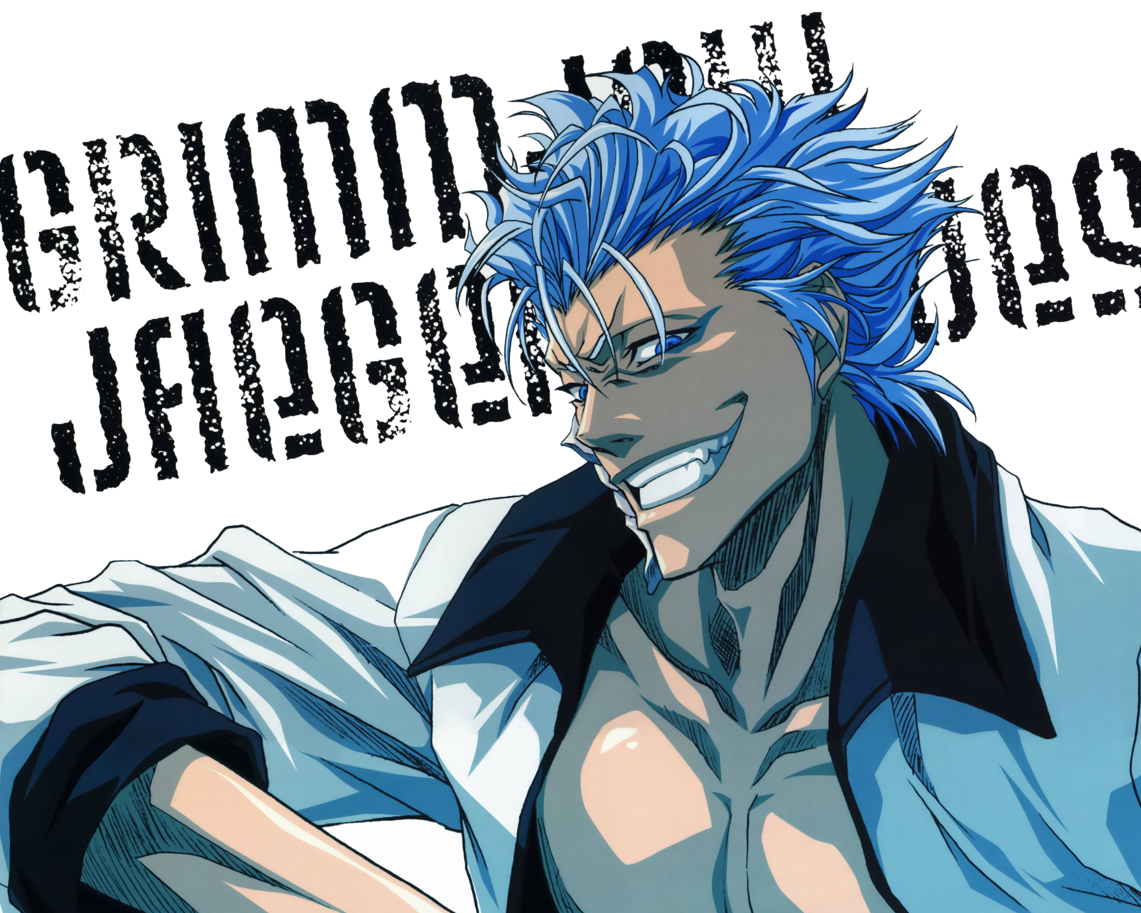 Bleach Anime 桌布 壁紙 — 一個充滿活力的動漫角色，擁有尖刺的藍色頭髮和燦爛的笑容，穿著破爛的白襯衫，背景是純白色，帶有粗體黑色文字。