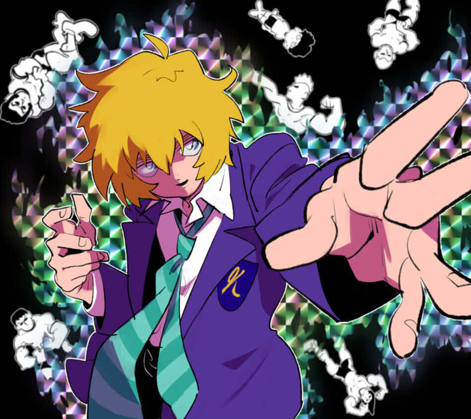 Teruki Hanazawa 桌布 壁紙 — 一個充滿活力的動漫角色，擁有尖刺金髮和紫色西裝，在萬花筒般的背景中做出和平手勢，周圍有漂浮的白色人物。