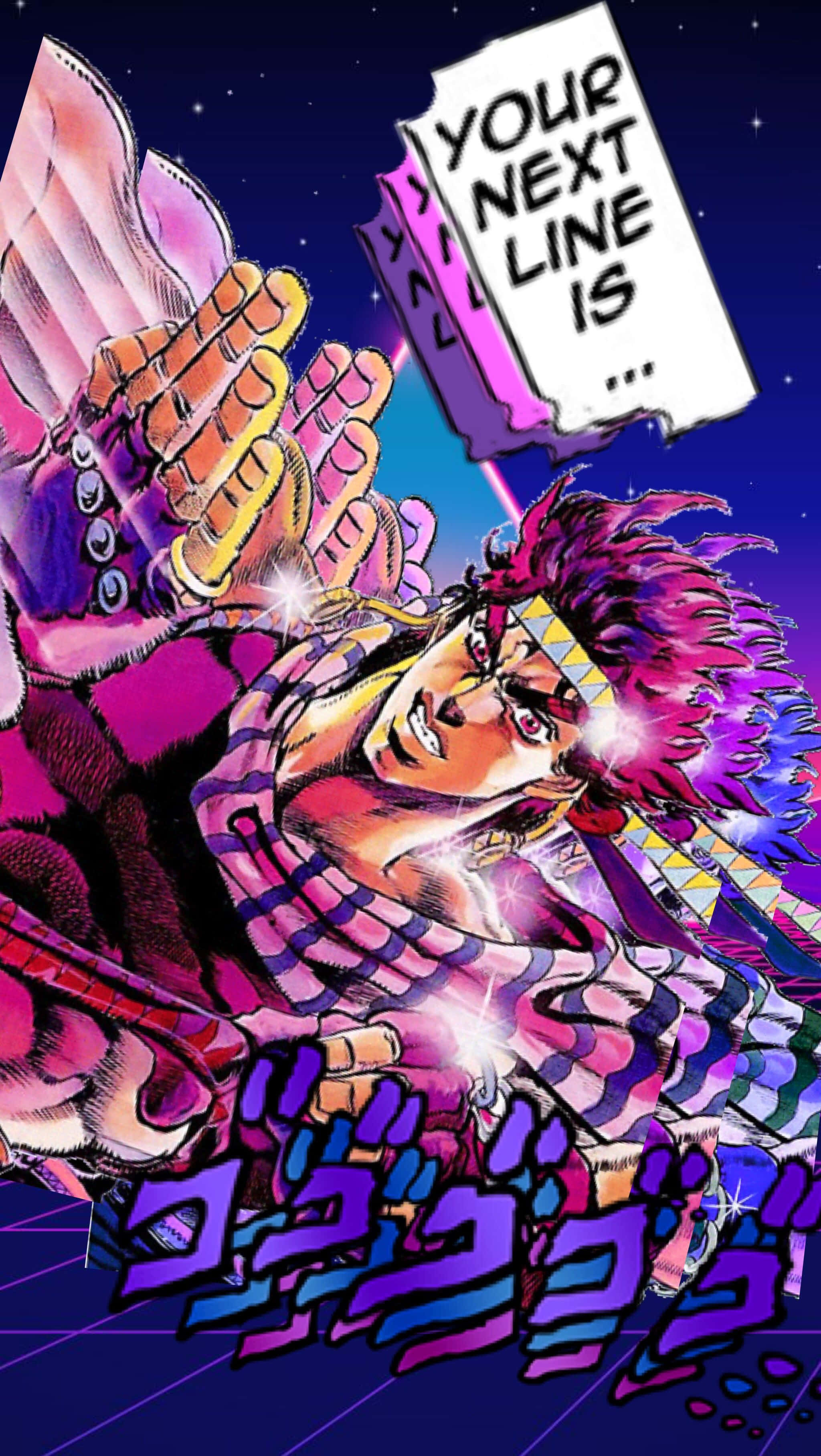 Jojo Meme 桌布 壁紙 — 一個充滿活力的動漫角色，擁有尖刺的粉紅色頭髮和金色手套，在星光點點的紫色背景前擺出動態姿勢，還有一個漂浮的標語寫著「YOUR NEXT LINE IS...」。
