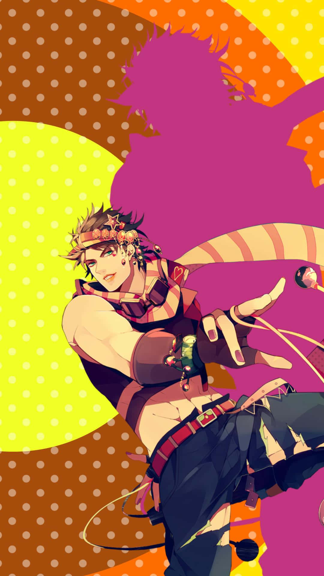 Jonathan Joestar 桌布 壁紙 — 一個充滿活力的動漫角色，擁有尖刺頭髮和配飾，在色彩繽紛的波點背景前擺出動感姿勢。