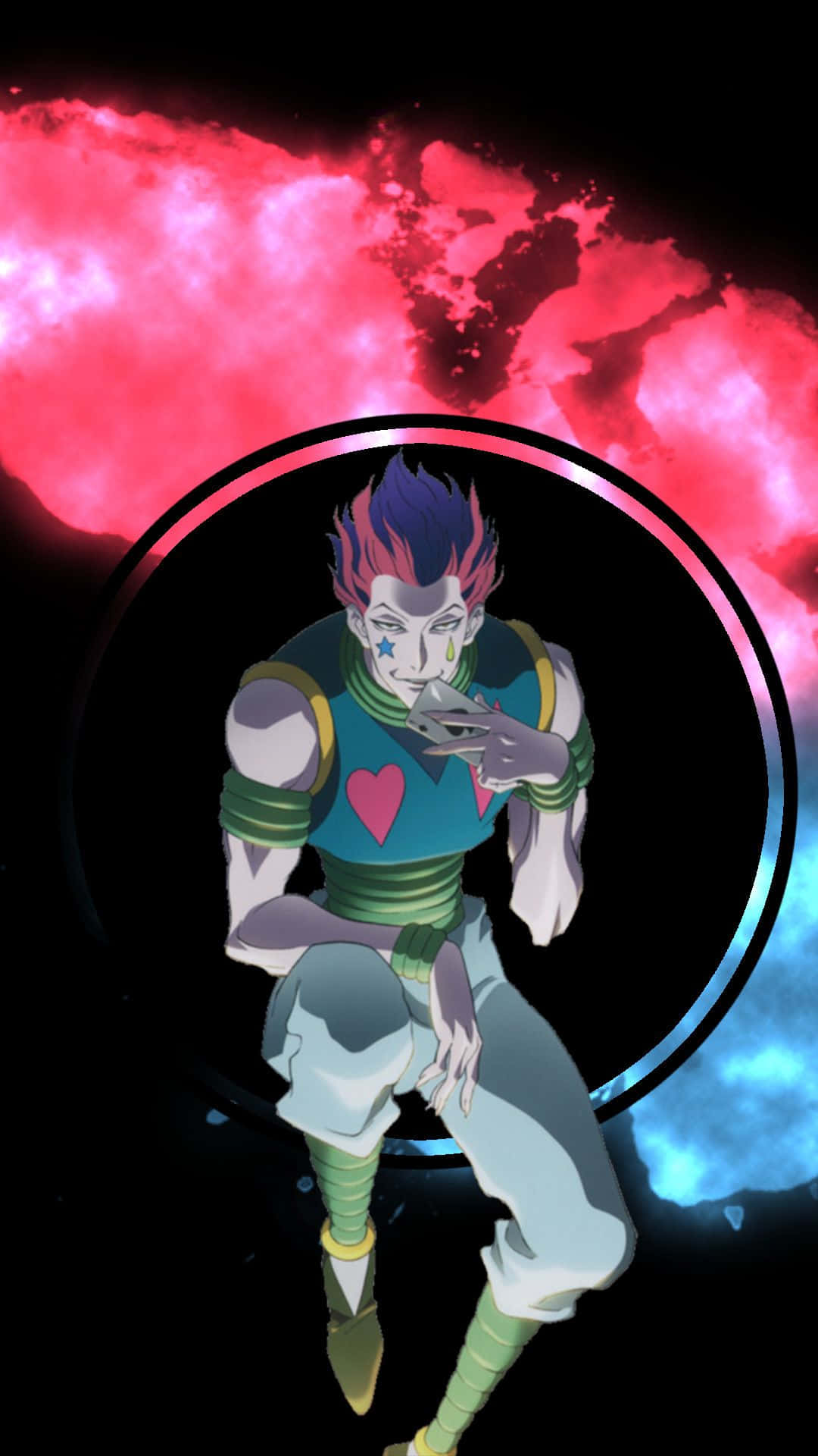 Hisoka Morow 桌布 壁紙 — 一個充滿活力的動漫角色，擁有尖刺的紫色頭髮和心形紋身，漂浮在發光的環中，背景是熾熱的紅色和冰冷的藍色宇宙。