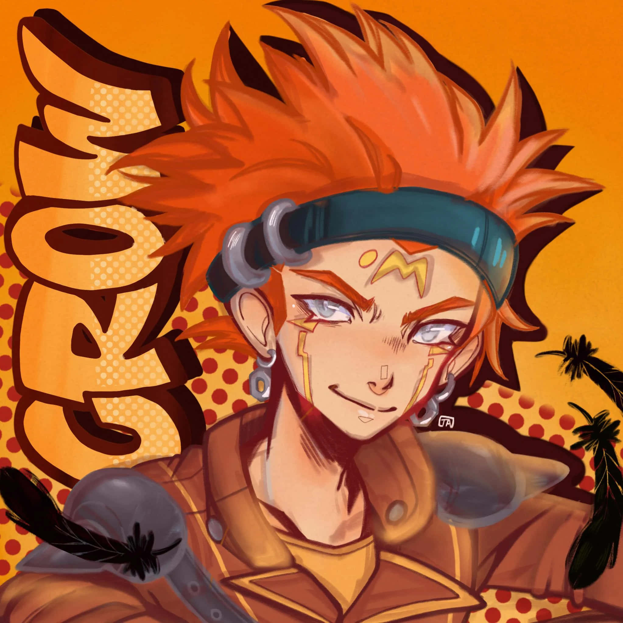 Crow Hogan 桌布 壁紙 — 一個充滿活力的動漫角色，擁有尖刺的橙色頭髮和頭帶，在帶有風格化文字的醒目橙色背景前自信地微笑。