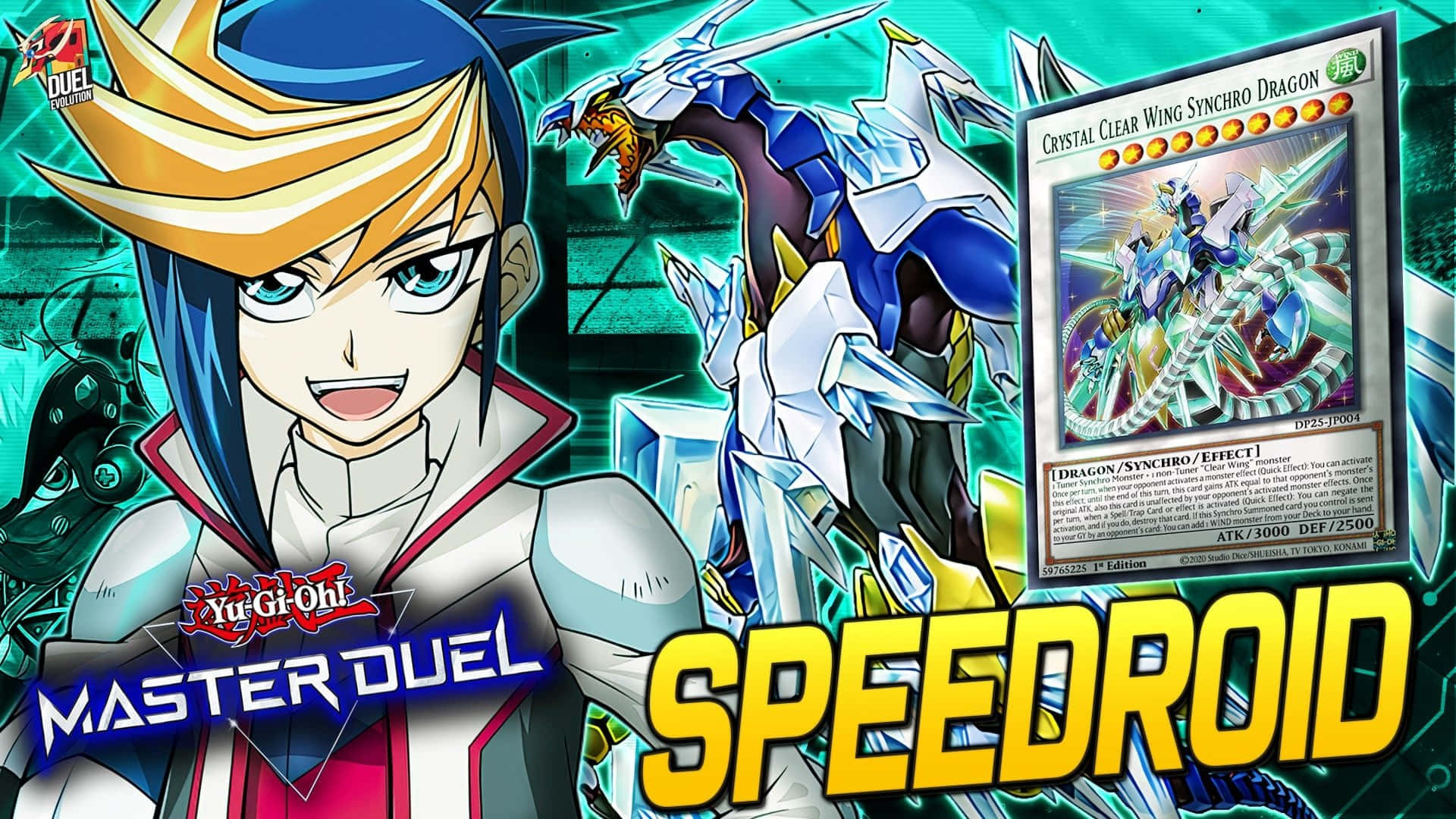 Yu-gi-oh Yugo 桌布 壁紙 — 一個充滿活力的動漫角色，擁有尖刺的藍色和金色頭髮，在發光的藍白龍和名為Speedroid的遊戲王卡牌旁邊微笑。