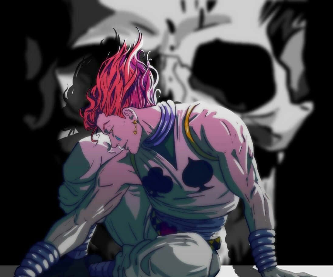 hisoka 桌布 壁紙 — 一個充滿活力的動漫角色，擁有尖刺的粉紅色頭髮，在黑白骷髏背景下擁抱另一個人。