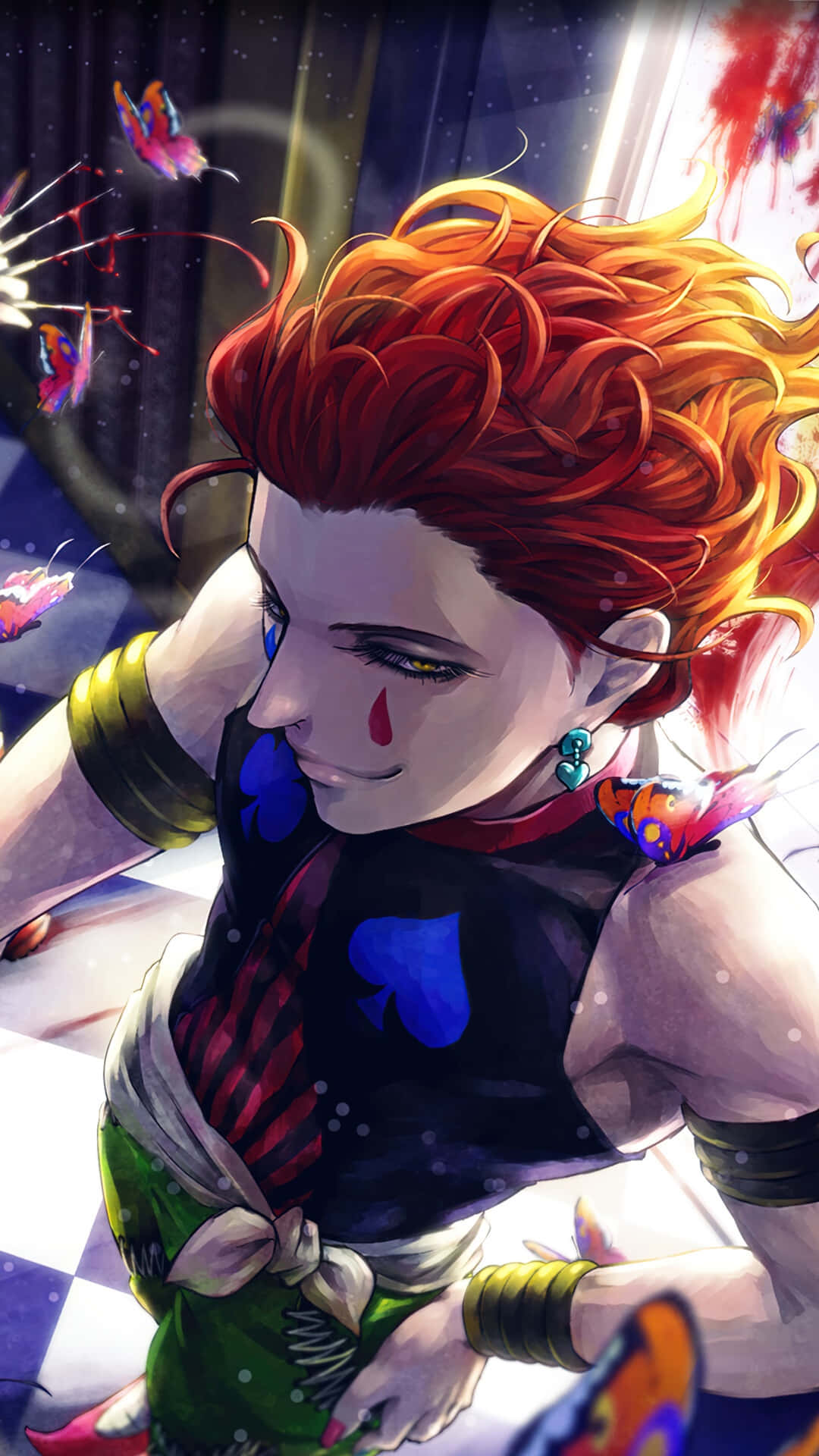 Hisoka Morow 桌布 壁紙 — 一個充滿活力的動漫角色，擁有火紅的頭髮和臉頰上的淚水，站在色彩繽紛的蝴蝶之中，場景戲劇化且風格化。