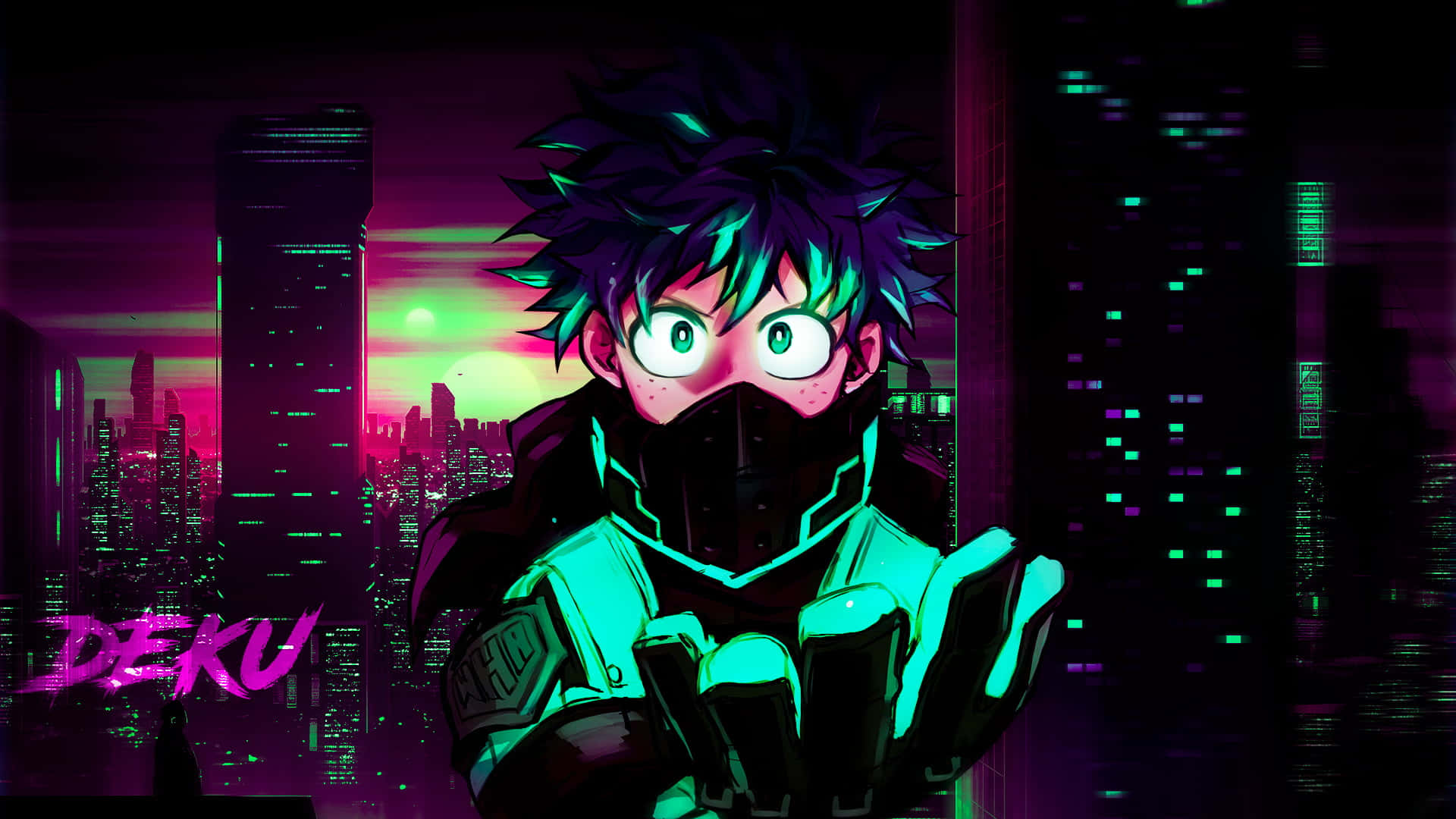 Picture Of Deku Wearing A Mask 壁紙 — 一個充滿活力的動漫角色，擁有發光的綠色眼睛和尖刺頭髮，站在夕陽下霓虹閃爍的賽博朋克城市景觀中。
