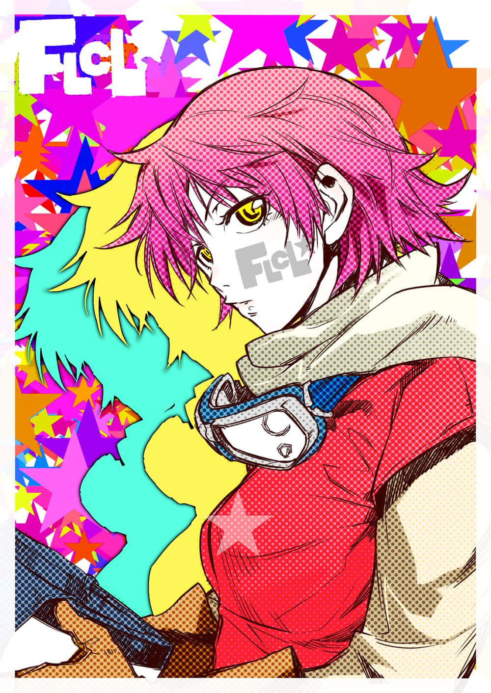 Haruko Haruhara 桌布 壁紙 — 一個充滿活力的動漫角色，擁有粉紅色頭髮和黃色眼睛，站在由彩色星星和半色調圖案組成的混亂背景前。
