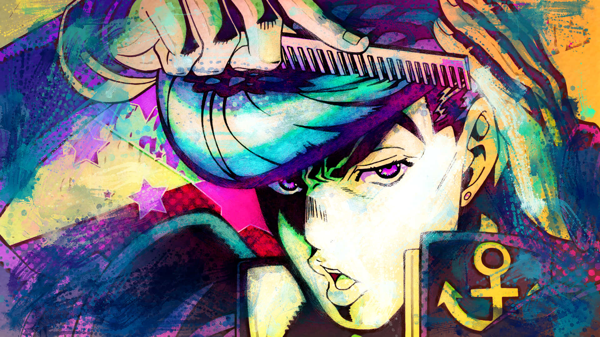 Josuke Higashikata 桌布 壁紙 — 一個充滿活力的動漫角色，擁有紫色眼睛和藍綠色頭髮，在色彩繽紛的抽象背景前梳理頭髮。