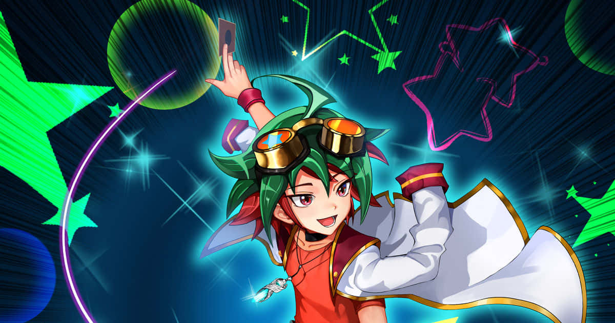 Yuya Sakaki 桌布 壁紙 — 一個充滿活力的動漫角色，擁有綠色頭髮和護目鏡，在閃爍的星星和霓虹能量爆發中愉快地拿著一個裝置。