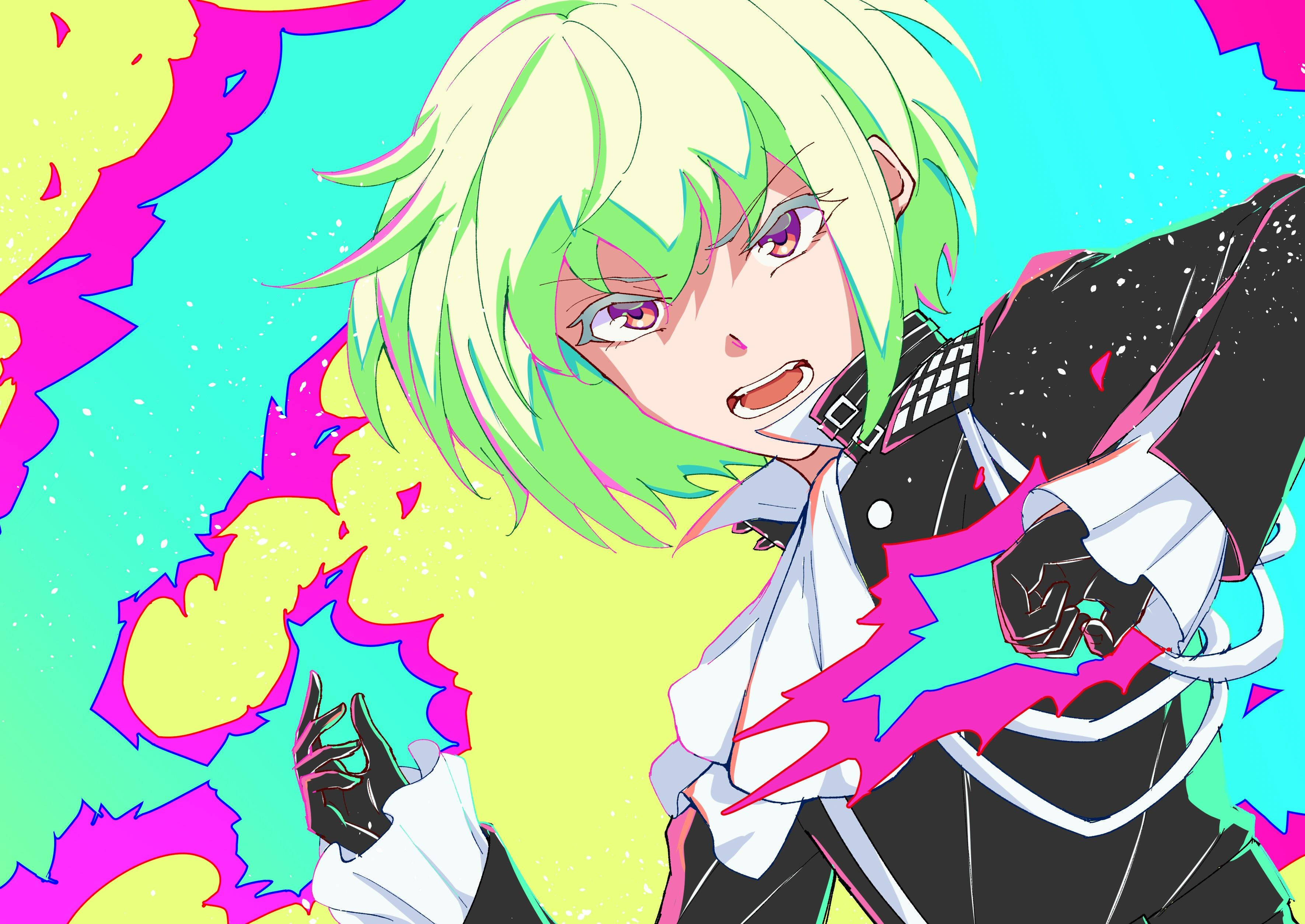 Pale Aesthetic Art Promare 壁紙 — 一個充滿活力的動漫角色，擁有綠色和金髮以及紫色眼睛，在粉紅色、黃色和青色的霓虹背景前擺出動態姿勢。