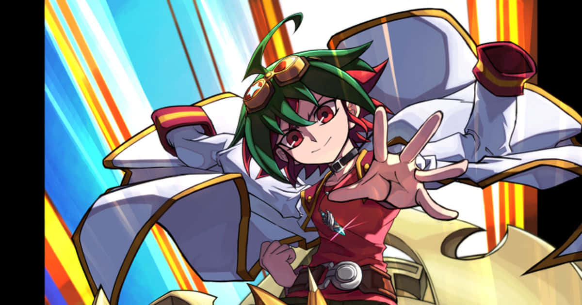 Yuya Sakaki 桌布 壁紙 — 一個充滿活力的動漫角色，擁有綠色頭髮和護目鏡，在條紋彩虹背景前擺出動態姿勢。