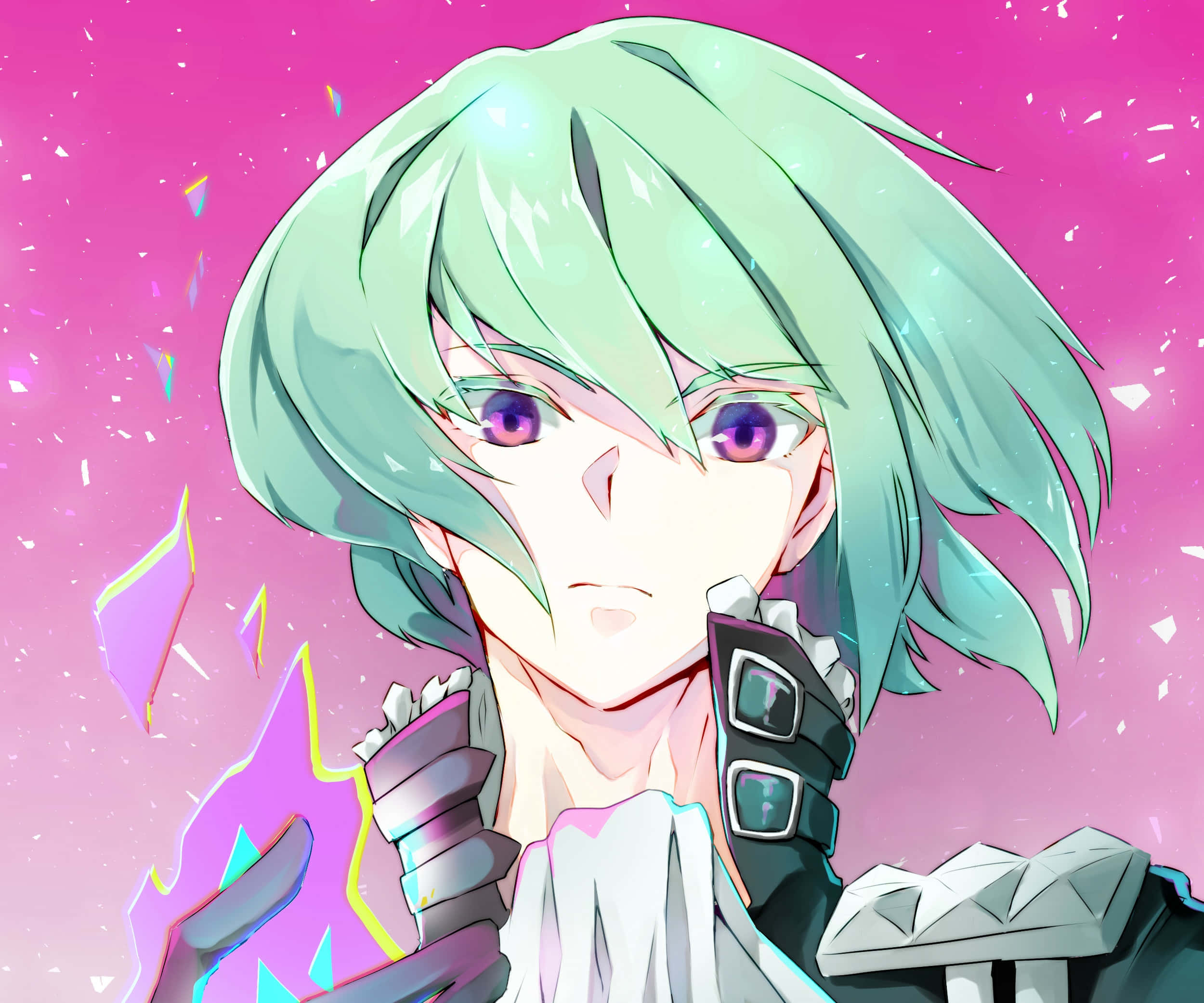 Promare 桌布 壁紙 — 一個充滿活力的動漫角色，擁有薄荷綠髮和紫色眼睛，站在閃閃發光的粉紅色背景前，背景中有發光的碎片。