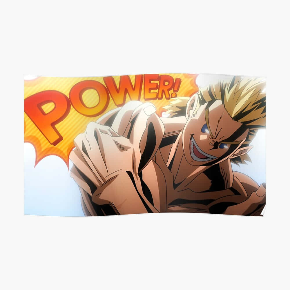Mirio Togata 桌布 壁紙 — 一個充滿活力的動漫角色，有著尖刺金髮和強烈的藍色眼睛，握緊拳頭咆哮，而「POWER！」這個詞在他身後以火熱的橙色爆發。