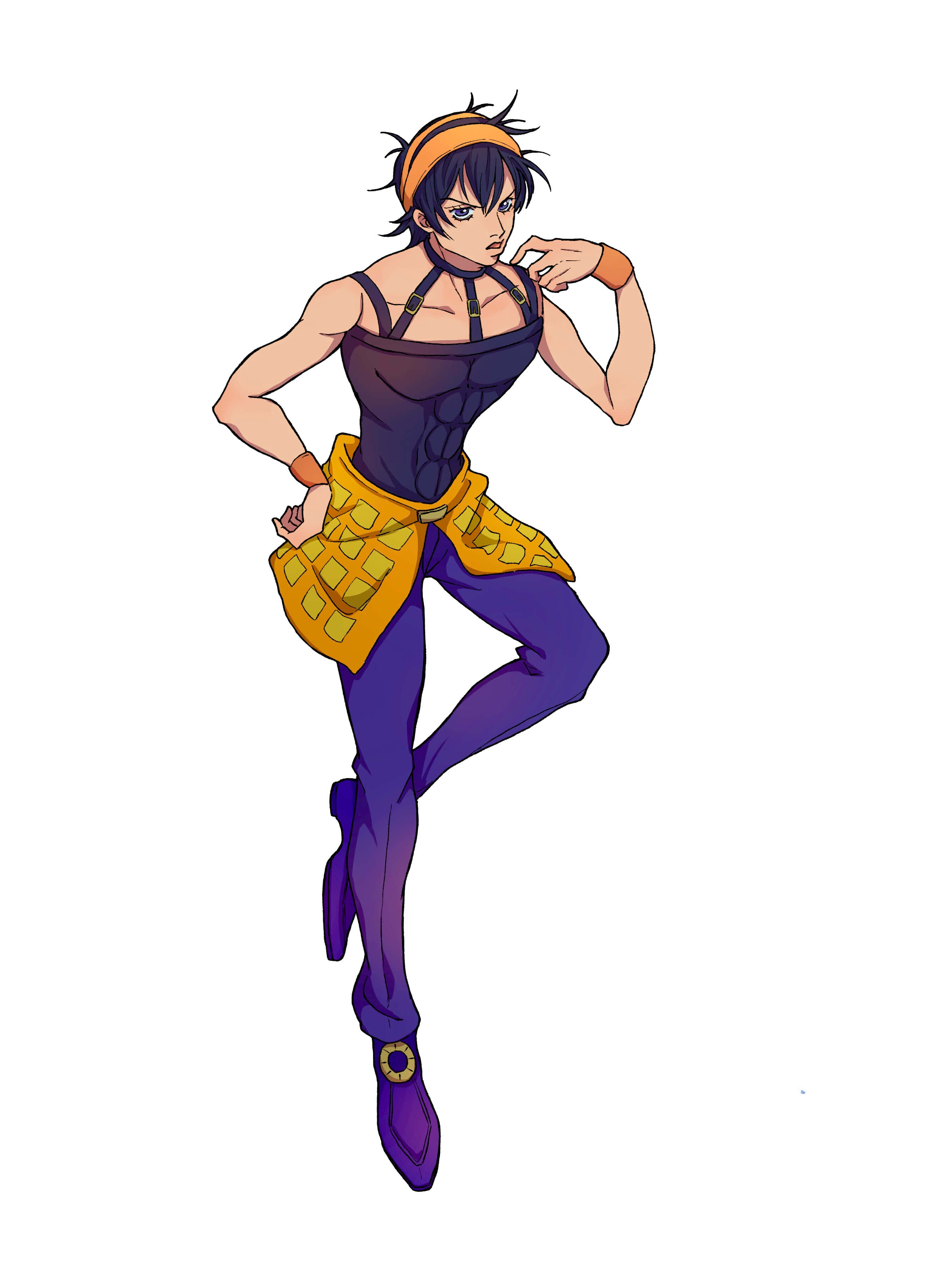 Narancia Ghirga 桌布 壁紙 — 一個充滿活力的動漫角色，深色頭髮和橙色頭帶，穿著紫色和金色的服裝，擺出自信的姿勢。
