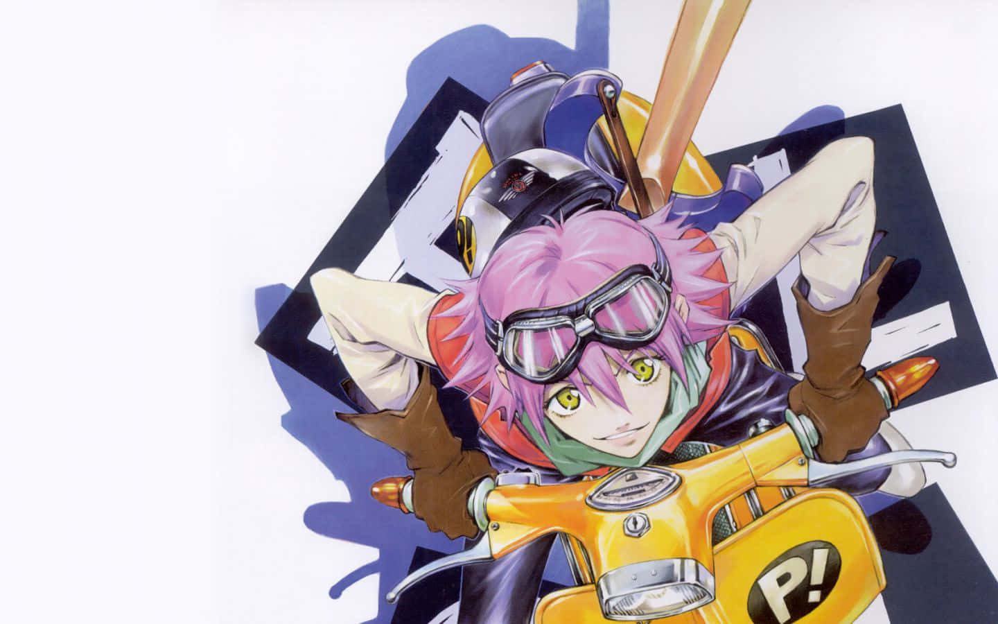 Haruko Haruhara 桌布 壁紙 — 一個充滿活力的動漫角色，粉紅色頭髮和護目鏡，在鮮明的幾何背景前騎著黃色滑板車。