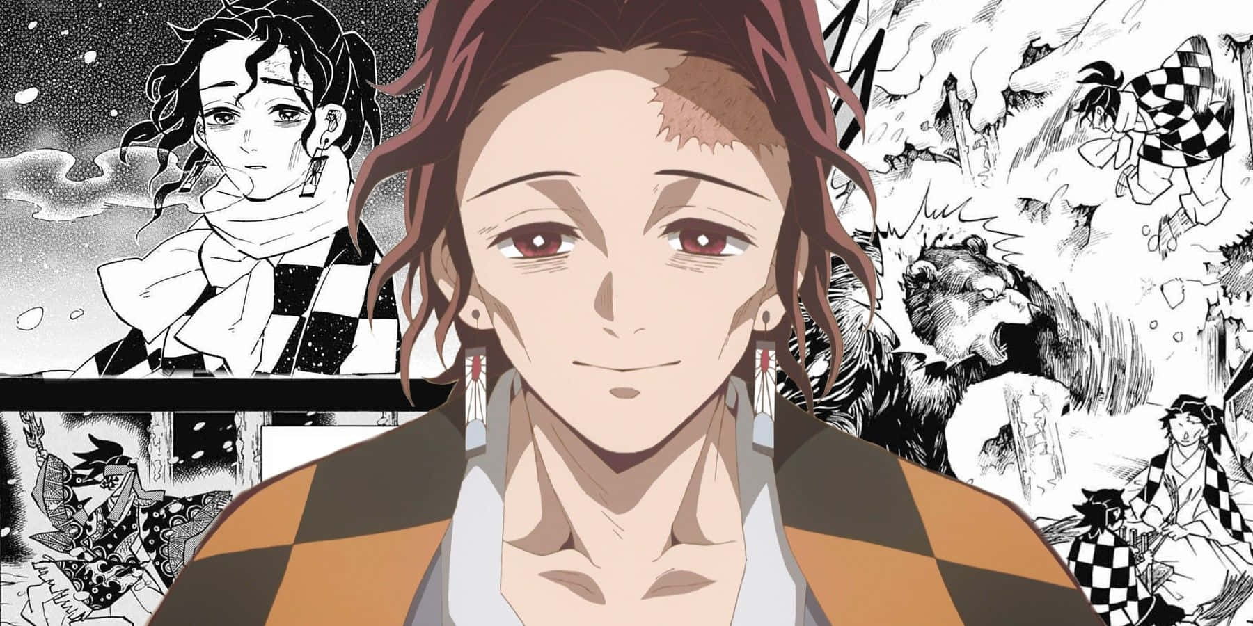 Demon Slayer Corps 桌布 壁紙 — 一個充滿活力的動漫角色，紅眼睛，穿著格子外套，站在動態黑白漫畫面板拼貼畫前。