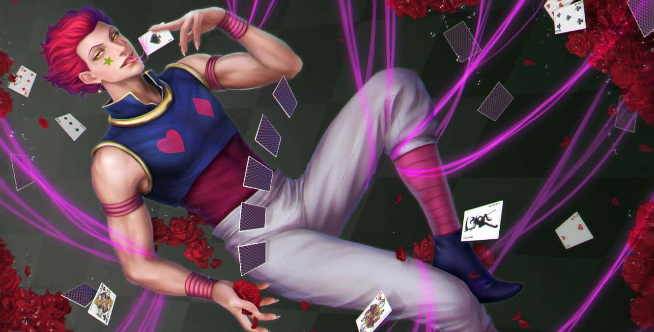 Hisoka Morow 桌布 壁紙 — 一個充滿活力的動漫角色，紅髮和星星紋身，在漂浮的撲克牌和紅玫瑰以及發光的紫色能量流中休憩。