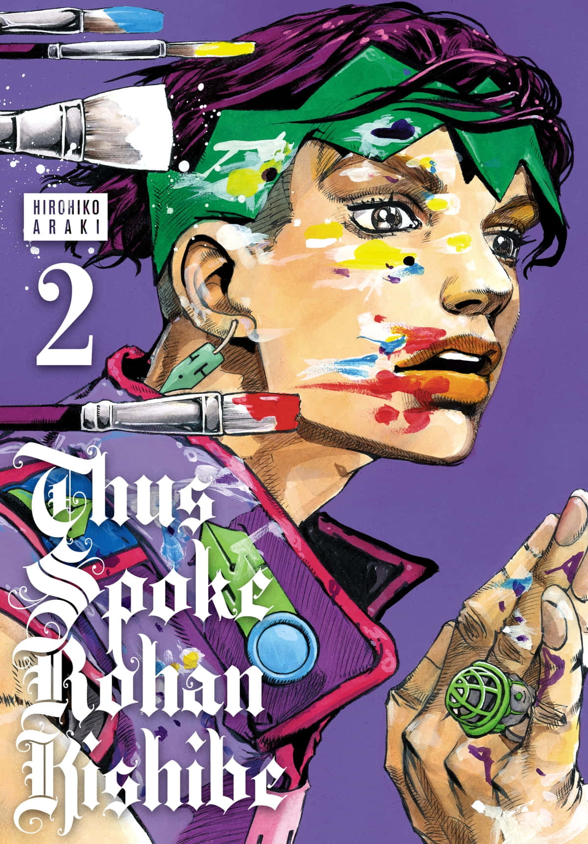 Rohan Kishibe 桌布 壁紙 — 一個充滿活力的動漫角色，臉上沾滿顏料，畫筆漂浮在周圍，背景為紫色。