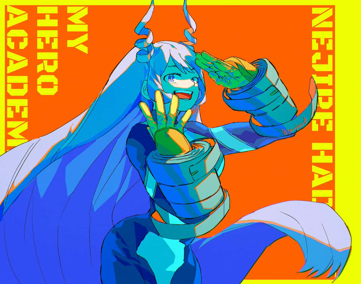 Nejire Hado 桌布 壁紙 — 一個充滿活力的動漫角色，藍色頭髮和角，在鮮明的橙色和黃色背景下充滿活力地敬禮。
