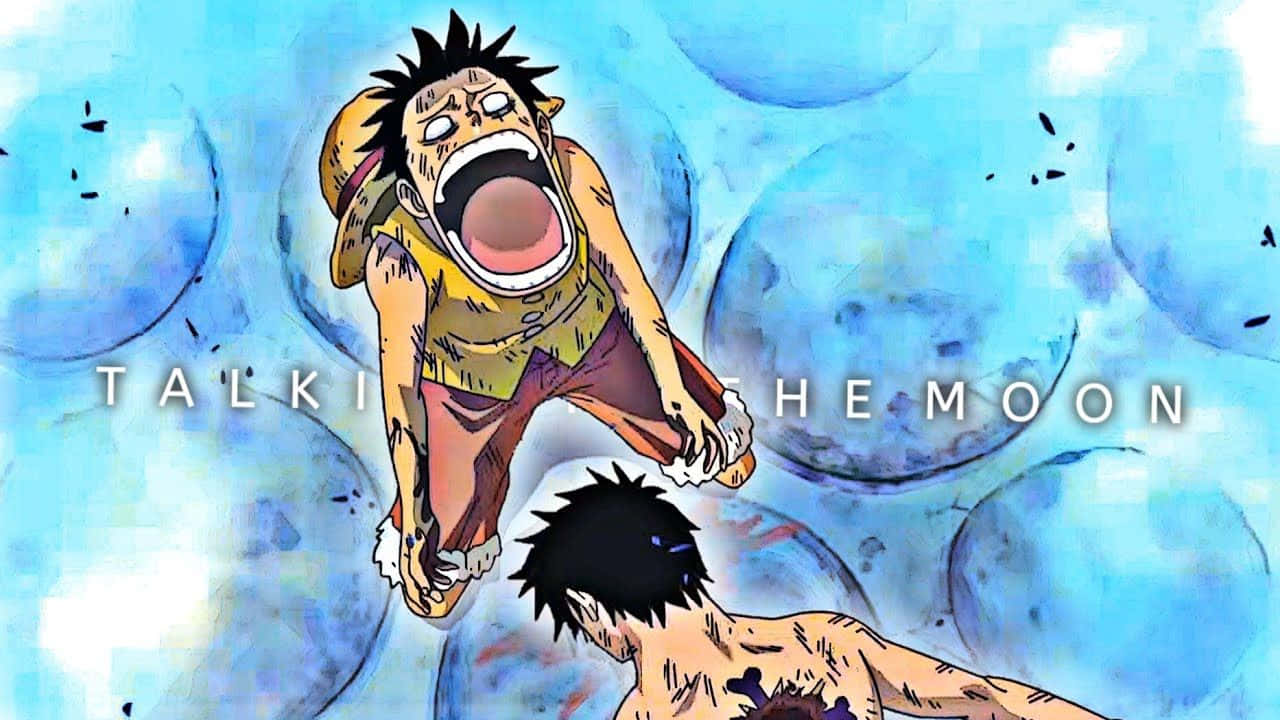 One Piece Ace's Death 桌布 壁紙 — 一個充滿活力的動漫角色在藍色泡泡滿佈的天空下勝利地吶喊，並有粗體文字疊加。