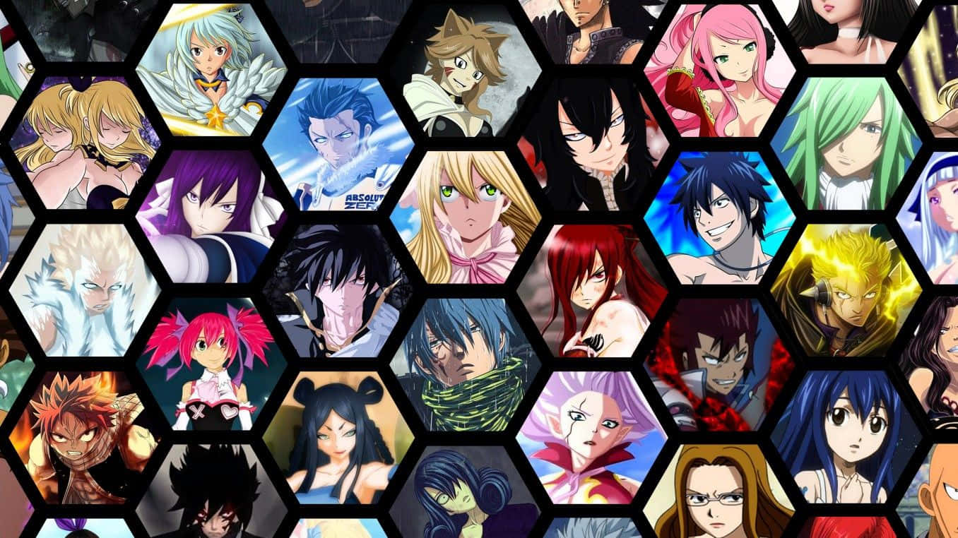 Manga Characters 桌布 壁紙 — 一個充滿活力的動漫角色拼貼畫，以六邊形框架展示多樣的表情和色彩繽紛的頭髮。
