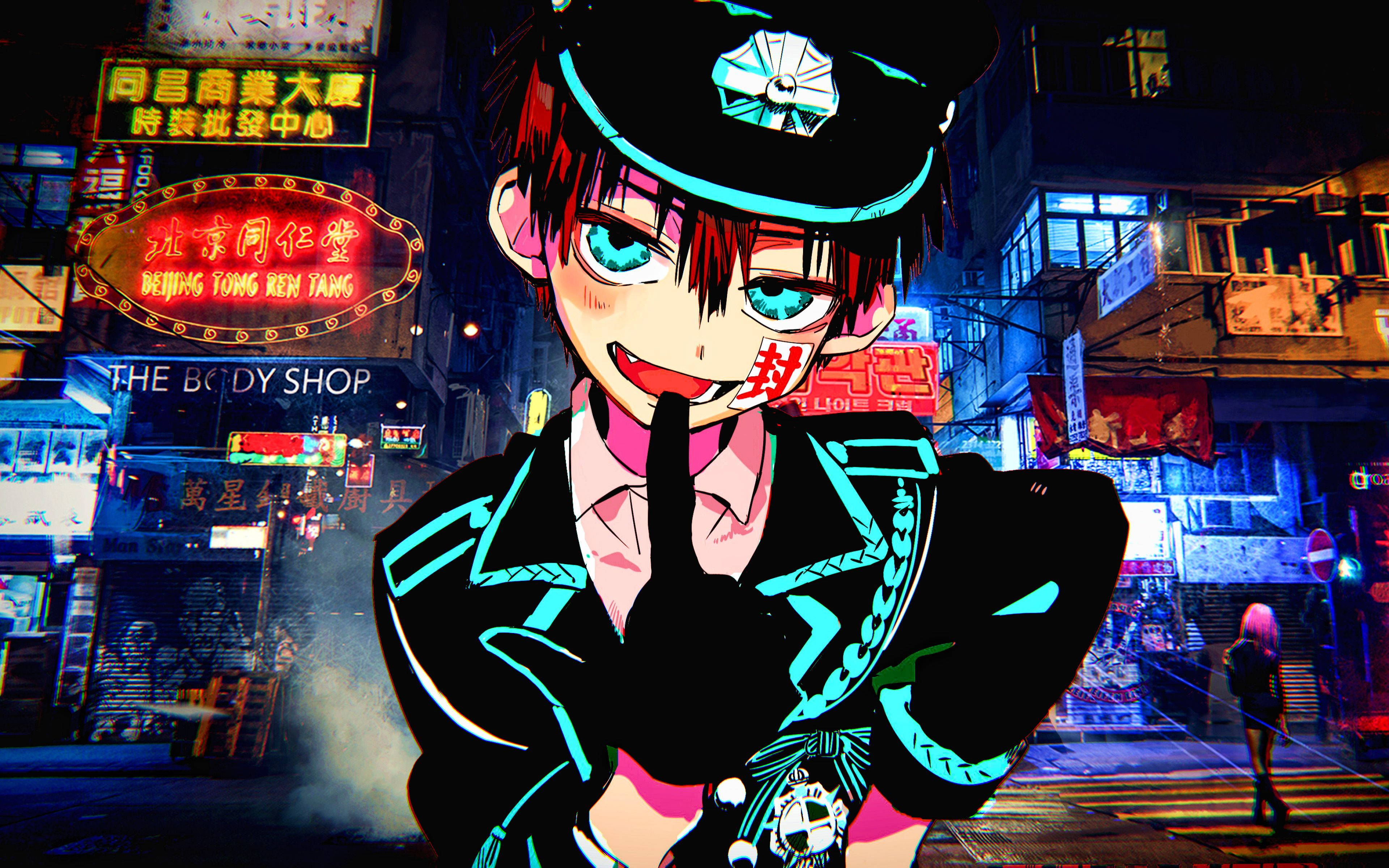 hanako 桌布 壁紙 — 一個充滿活力的動漫角色穿著發光的制服，夜晚站在霓虹燈照亮的城市小巷中，做出安靜的手勢。