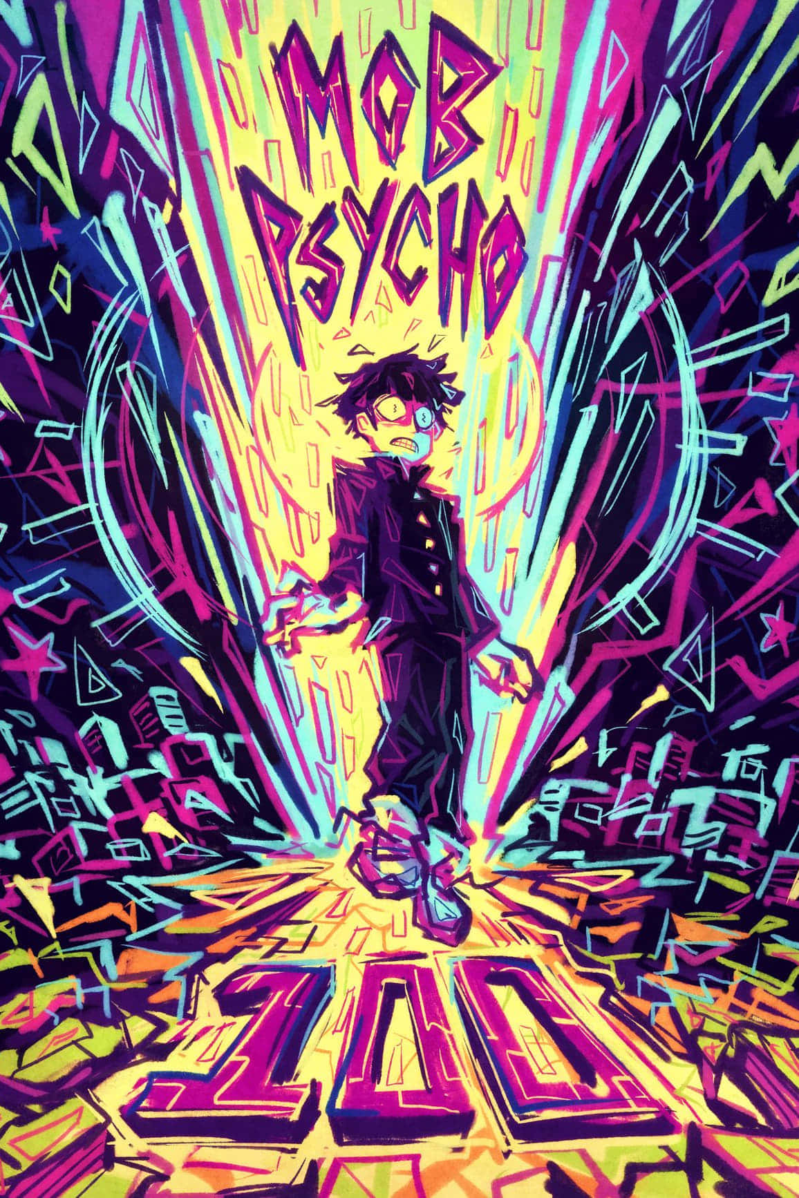 Mob Psycho 桌布 壁紙 — 一個充滿活力的動漫角色站在爆炸性的霓虹能量中，背後散發著「MOB PSYCHO」文字。