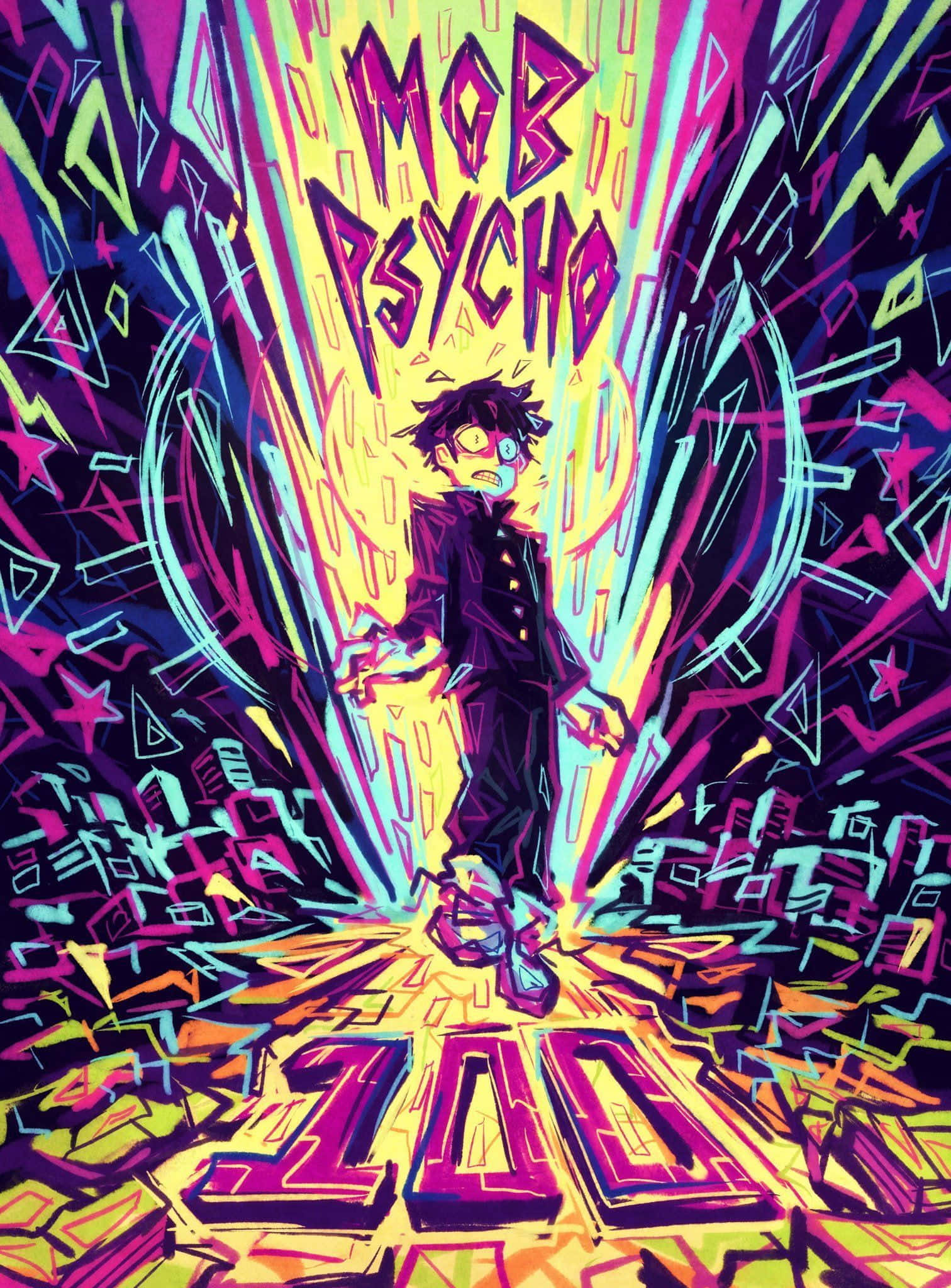 Shigeo Kageyama 桌布 壁紙 — 一個充滿活力的動漫角色站在爆炸性的霓虹色彩和幾何形狀中，上方有 'MOB PSYCHO' 文字。