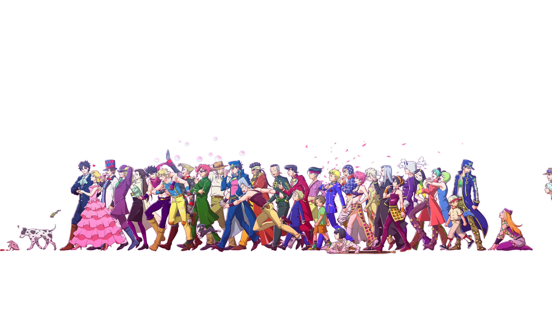 Battle Tendency 桌布 壁紙 — 一個充滿活力的動漫陣容，各種角色穿著色彩繽紛的服裝，在純白色背景上行走，周圍有飄浮的粉紅色花瓣。