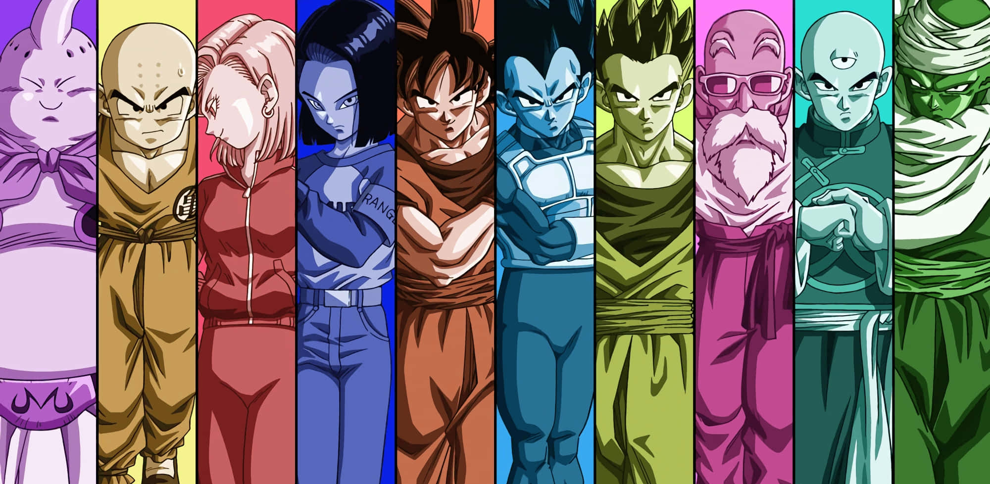 Dragon Ball Super Universe 6 桌布 壁紙 — 一個充滿活力的動漫陣容，龍珠角色各自站在自己的彩色垂直面板中，擺出英雄姿勢。