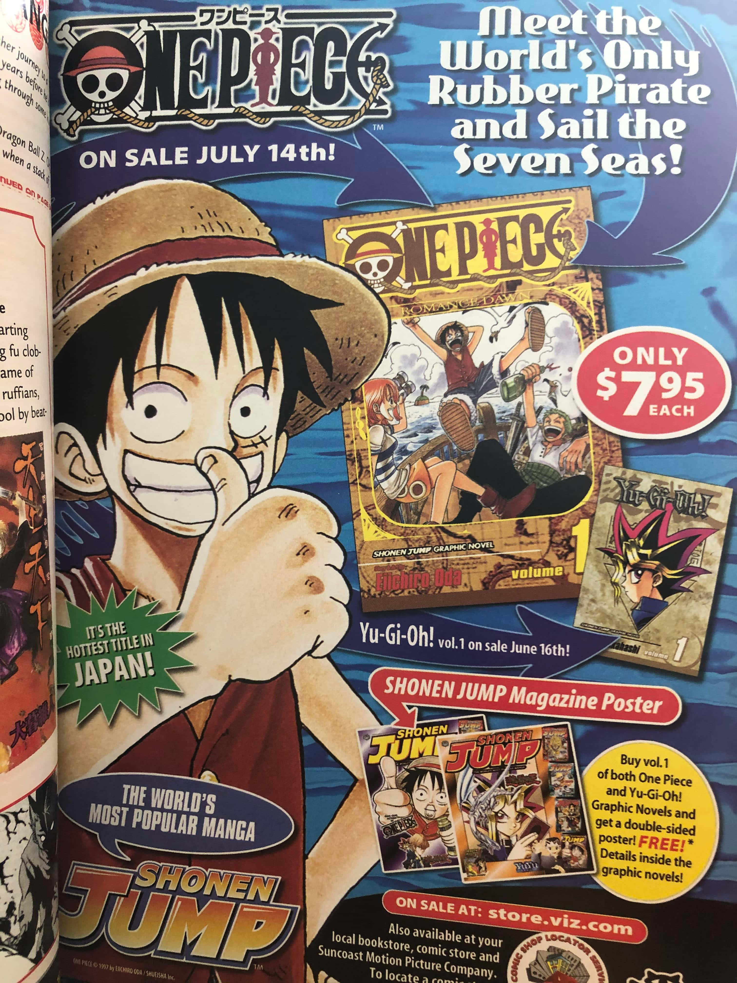 Shonen Jump 桌布 壁紙 — 一個充滿活力的動漫雜誌廣告， featuring Monkey D. Luffy from One Piece，露出燦爛笑容，戴著草帽，周圍環繞著漫畫封面和宣傳文字。