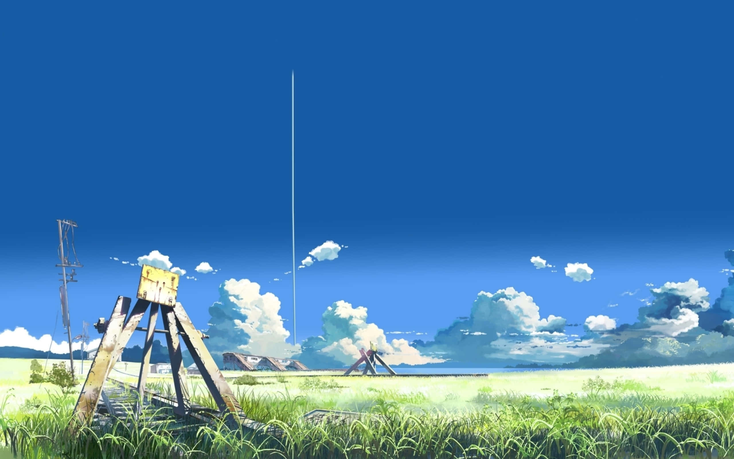 Makoto Shinkai 桌布 壁紙 — 一個充滿活力的動漫風景，在廣闊的藍天白雲下，陽光明媚的草地上有一個生鏽的木結構。