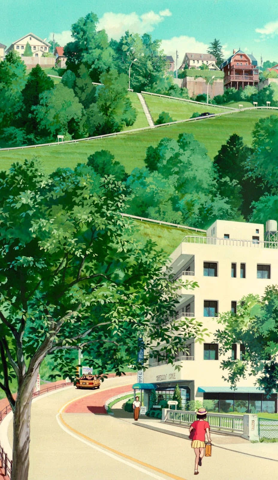 Whisper Of The Heart 桌布 壁紙 — 一個充滿活力的動漫風格場景，一名身穿紅色襯衫的女子沿著蜿蜒的道路行走，經過茂密的綠樹和現代建築，頭頂是明亮的藍天。