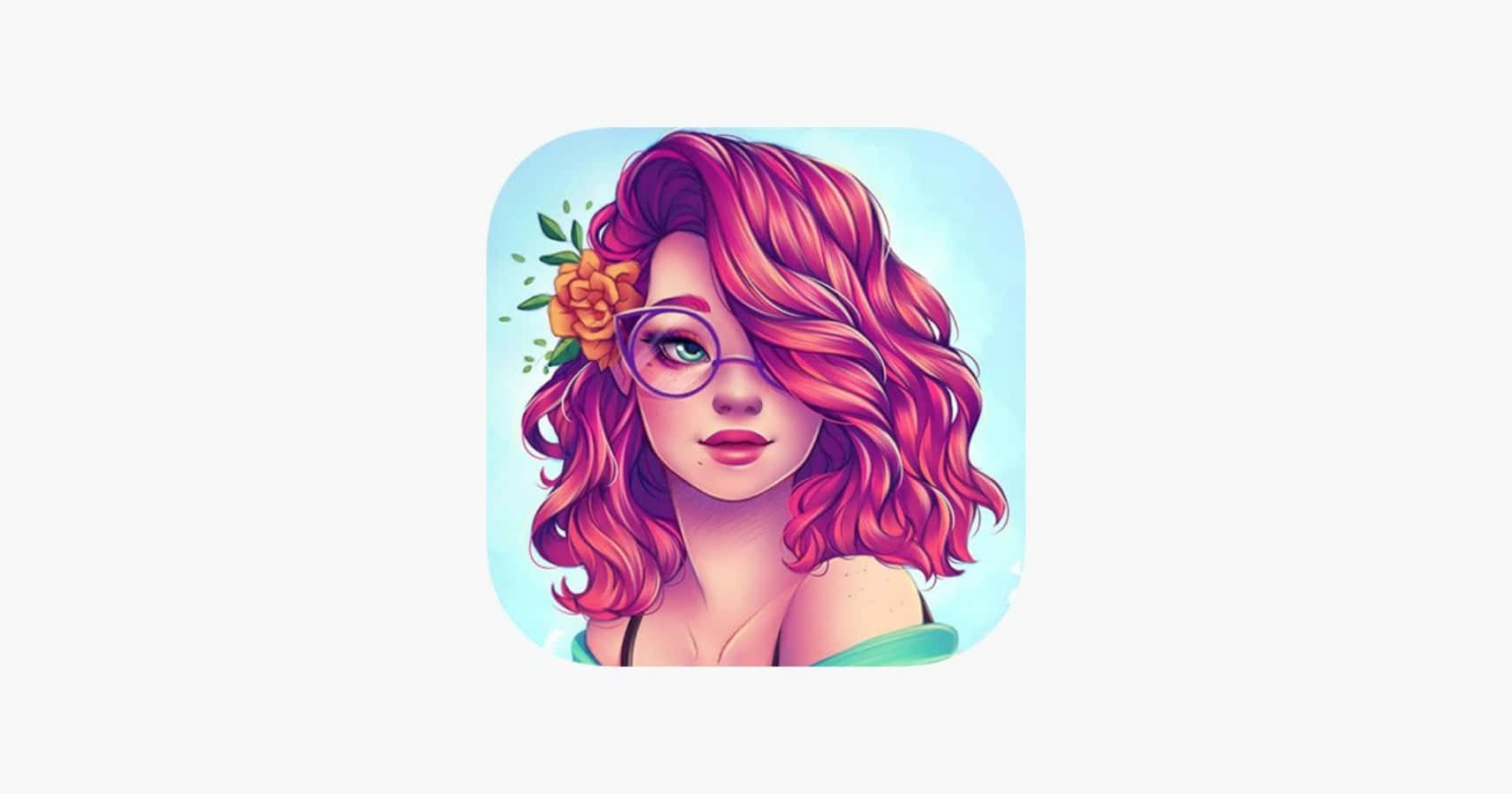 可愛少女風gif 桌布 壁紙 — 一個充滿活力的動漫風格女孩，粉紅色頭髮和眼鏡，飾有花朵，背景是柔和的藍色。