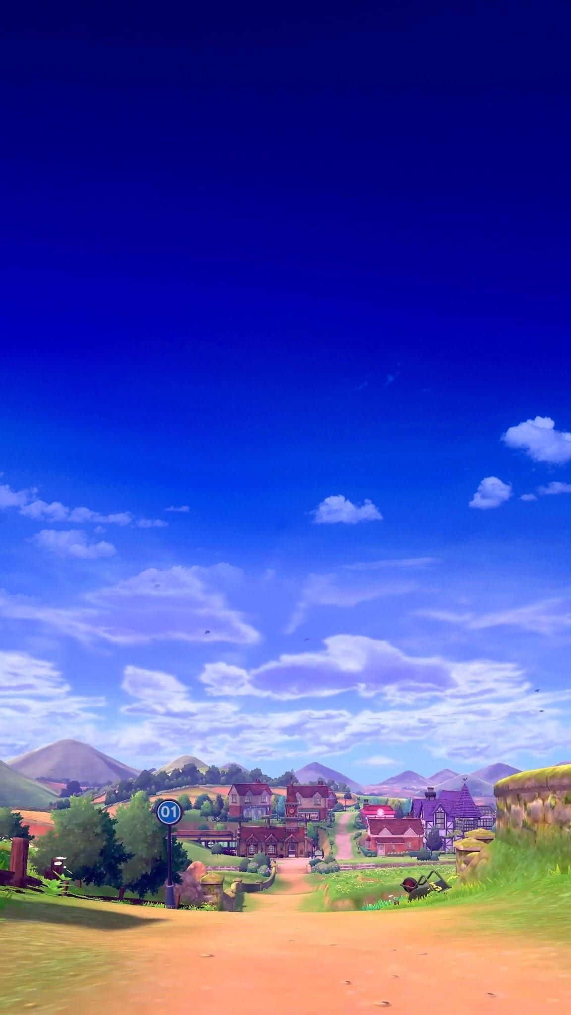 Pokemon Virtual World 桌布 壁紙 — 一個充滿活力的動漫風格村莊，坐落在連綿起伏的丘陵中，上方是廣闊的藍天和蓬鬆的白雲。