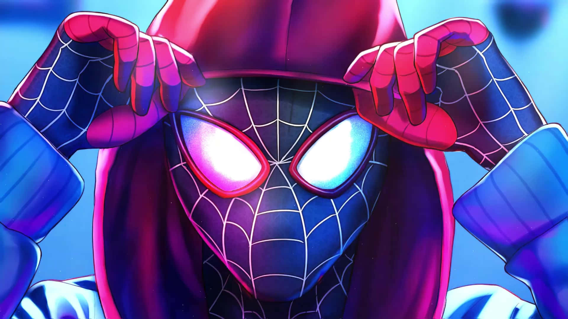 Miles Morales 動漫 桌布 壁紙 — 一個充滿活力的動漫風格蜘蛛俠，身穿紫色連帽衫，在藍色背景前調整他發光的眼睛面具。