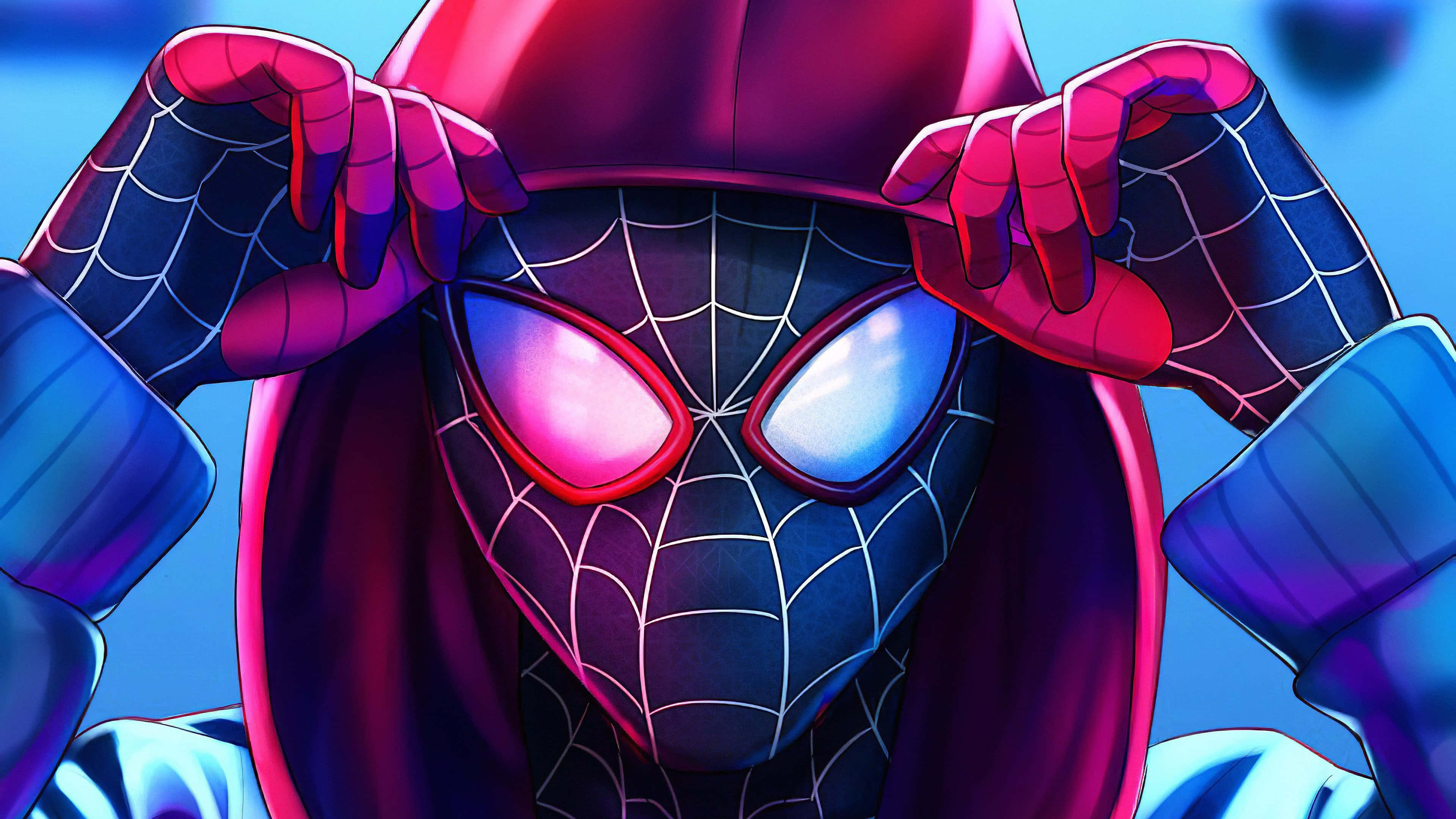 Miles Morales 動漫 桌布 壁紙 — 一個充滿活力的動漫風格蜘蛛俠穿著紫色連帽衫，在藍色背景上調整他發光的眼睛面具。