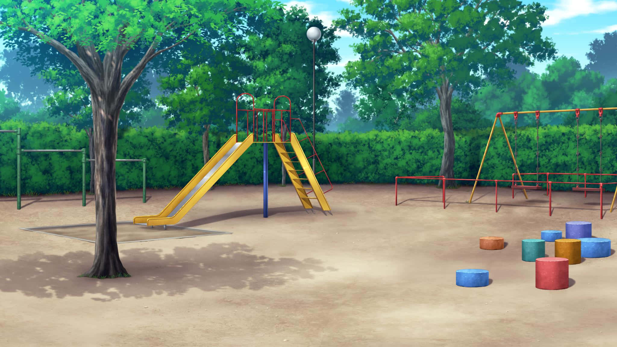 Playground 桌布 壁紙 — 一個充滿活力的動漫風格遊樂場，設有黃色滑梯、鞦韆和色彩繽紛的圓柱，在明亮的藍天下。