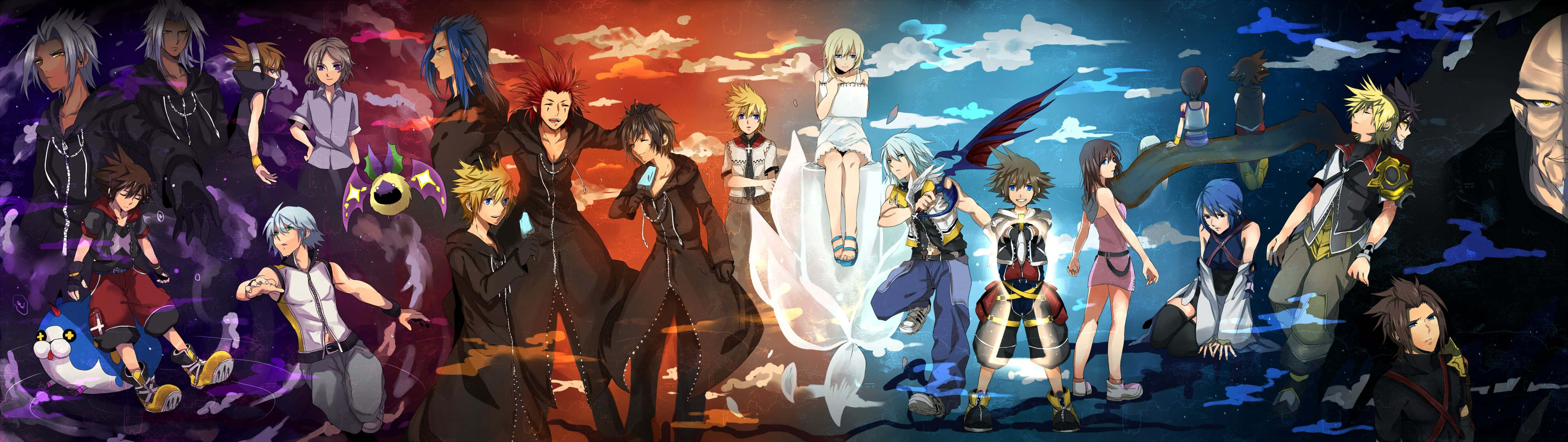 Kingdom Hearts Organization 13 桌布 壁紙 — 一個充滿活力的動畫全景，描繪了多樣角色在戲劇性日落天空下的動態姿勢，帶有旋轉雲彩和發光效果。