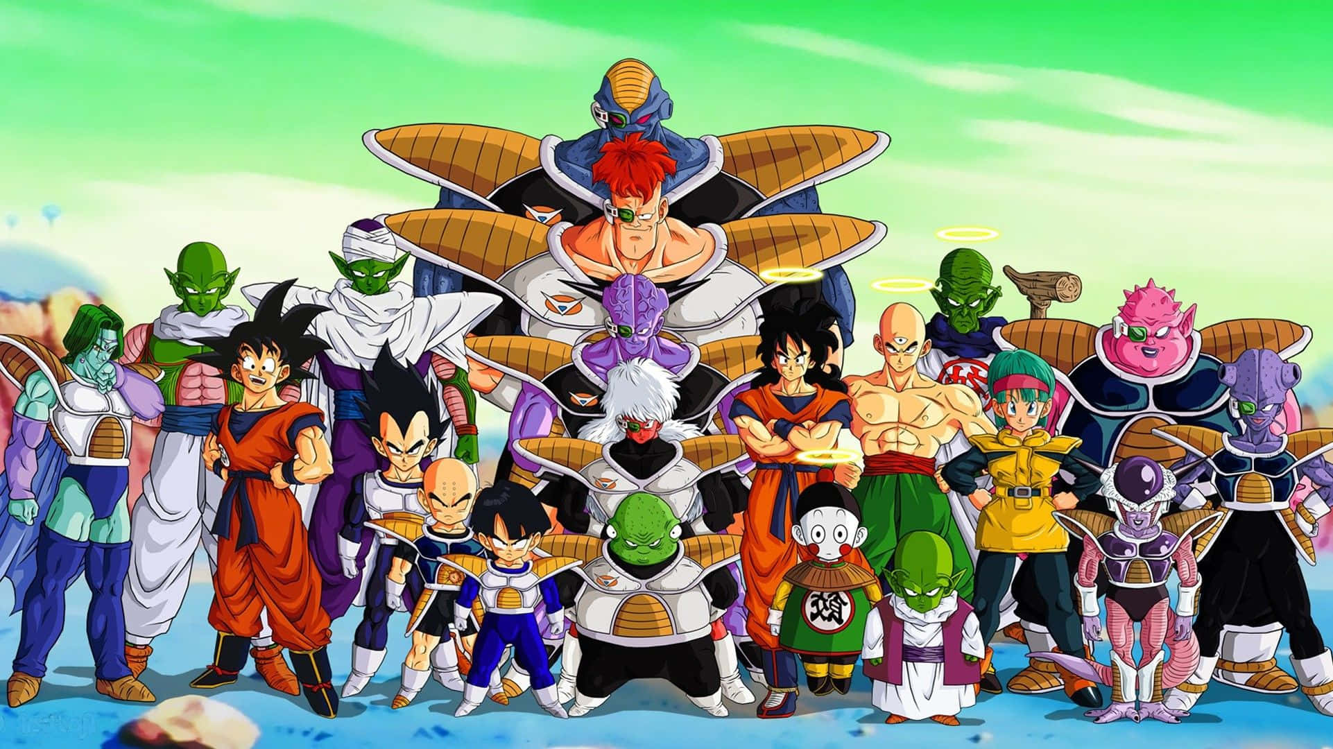 Ginyu Force 桌布 壁紙 — 一個充滿活力的動畫團體照，龍珠角色在明亮的綠色天空下英勇地擺姿勢。