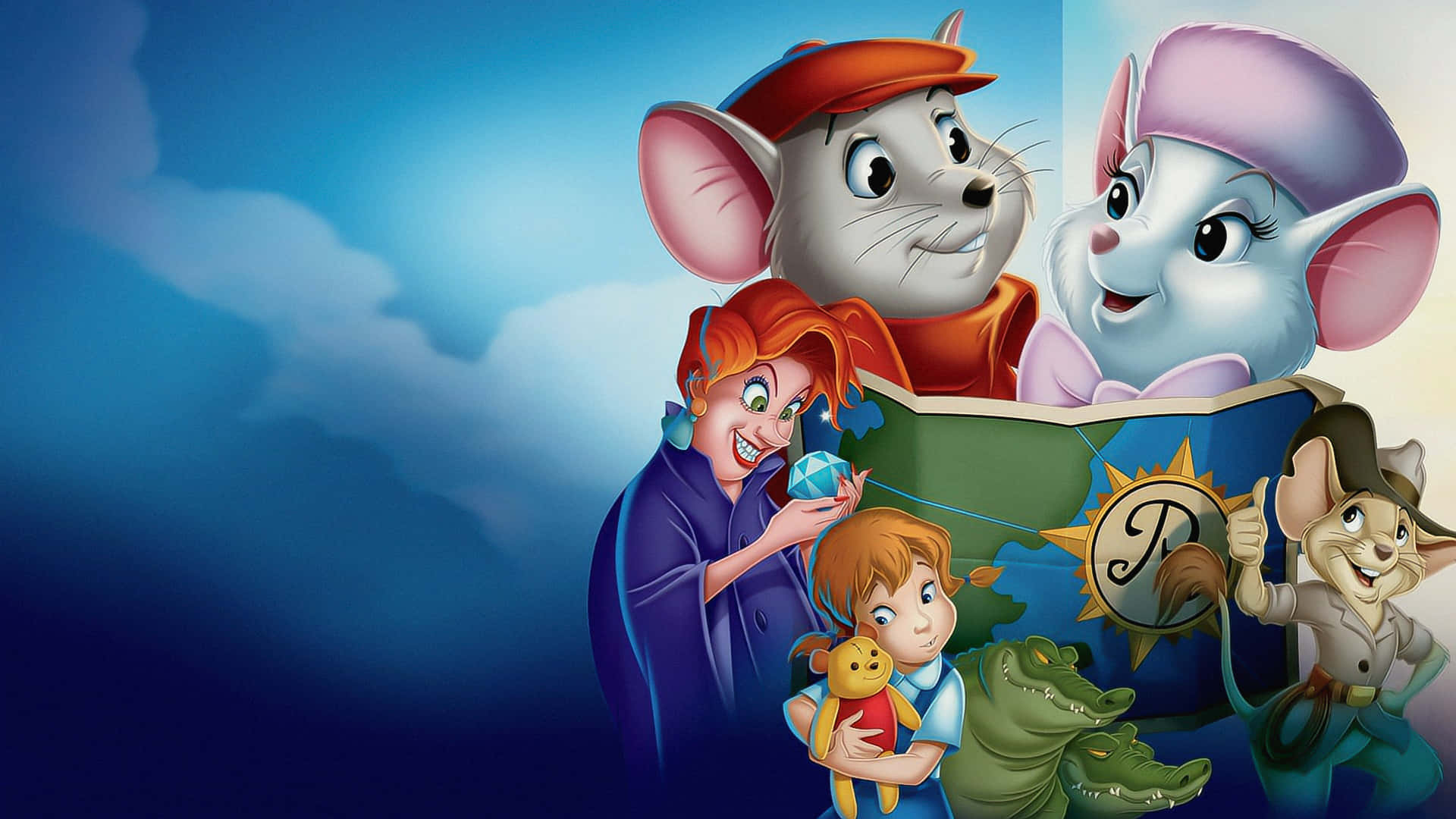 The Rescuers Down Under 桌布 壁紙 — 一個充滿活力的動畫場景，以擬人化的老鼠和兒童圍繞地球儀，並有鱷魚和 'P' 標誌。