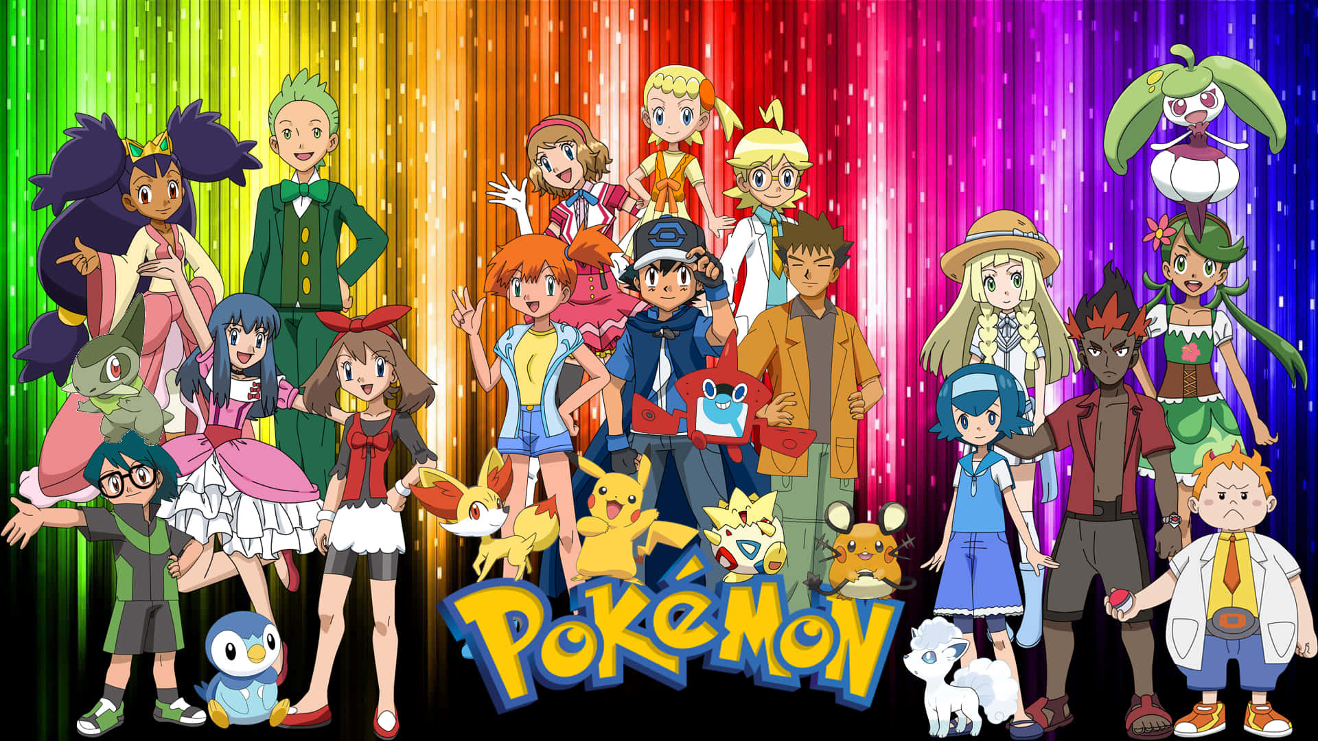 Pokemon Characters 桌布 壁紙 — 一個充滿活力的動畫寶可夢訓練家與他們的寶可夢群體，站在彩虹漸變背景前，下方有寶可夢標誌。