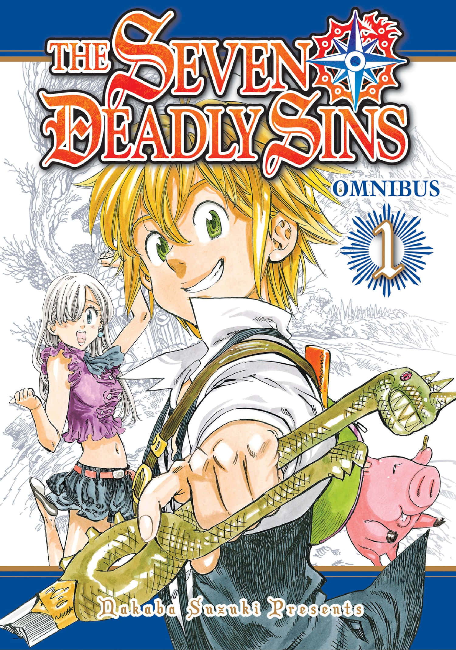 The Seven Deadly Sins 桌布 壁紙 — 一個充滿活力的動畫封面，一個開朗的金髮男孩抱著一條蛇，旁邊有一隻粉紅色的豬，後面有一個穿紫色衣服的女孩。