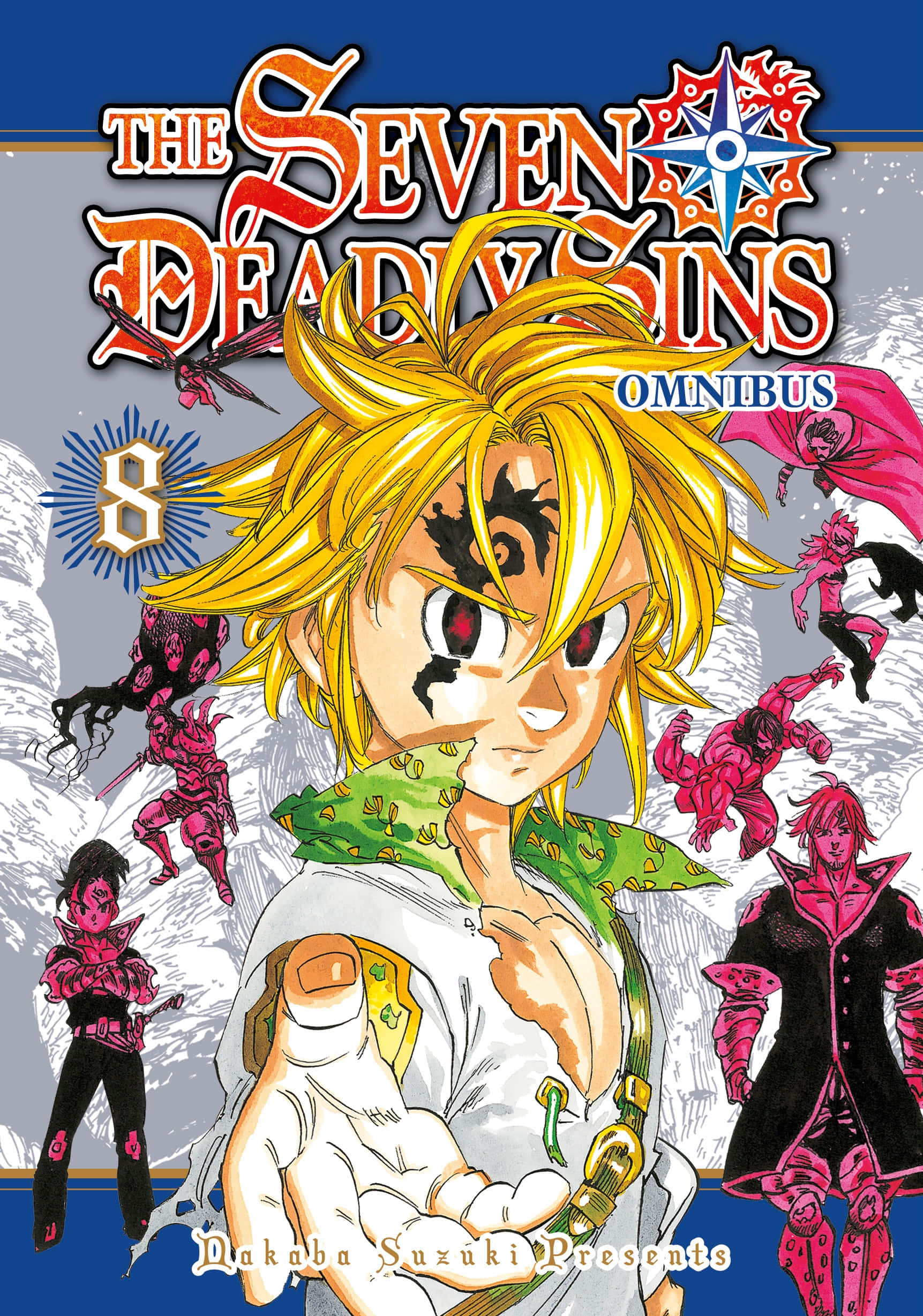 The Seven Deadly Sins 桌布 壁紙 — 一個充滿活力的動畫封面，主角金髮紅眼帶黑色標記，被粉紅色角色包圍，背景是雪山。